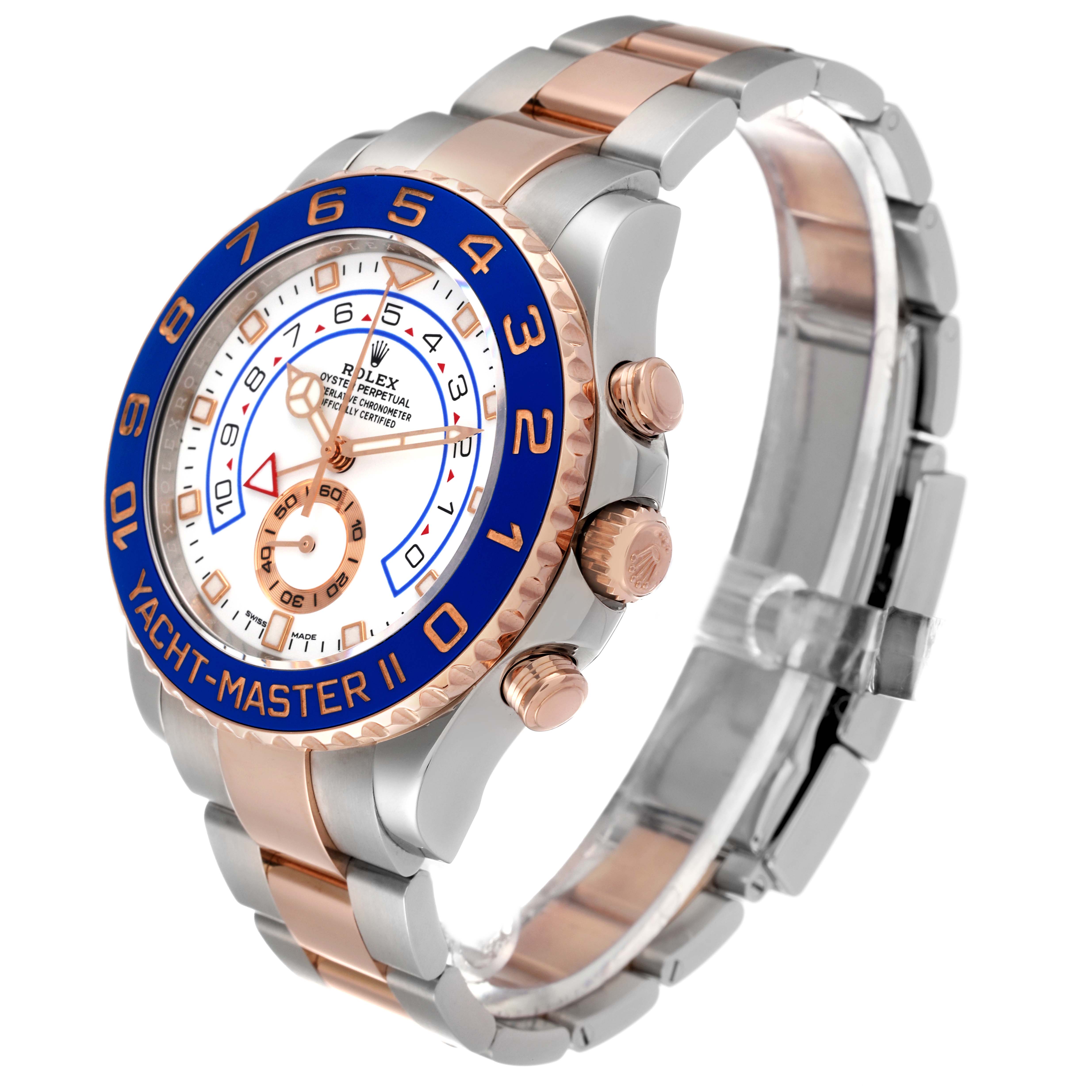 The Rolex Yacht-Master 116681 Men's Steel and Gold (two tone) White Dial 116681 Men's Steel and Gold (two tone) White Dial watch is shown at an oblique angle, highlighting the face, bezel, crown, and bracelet.