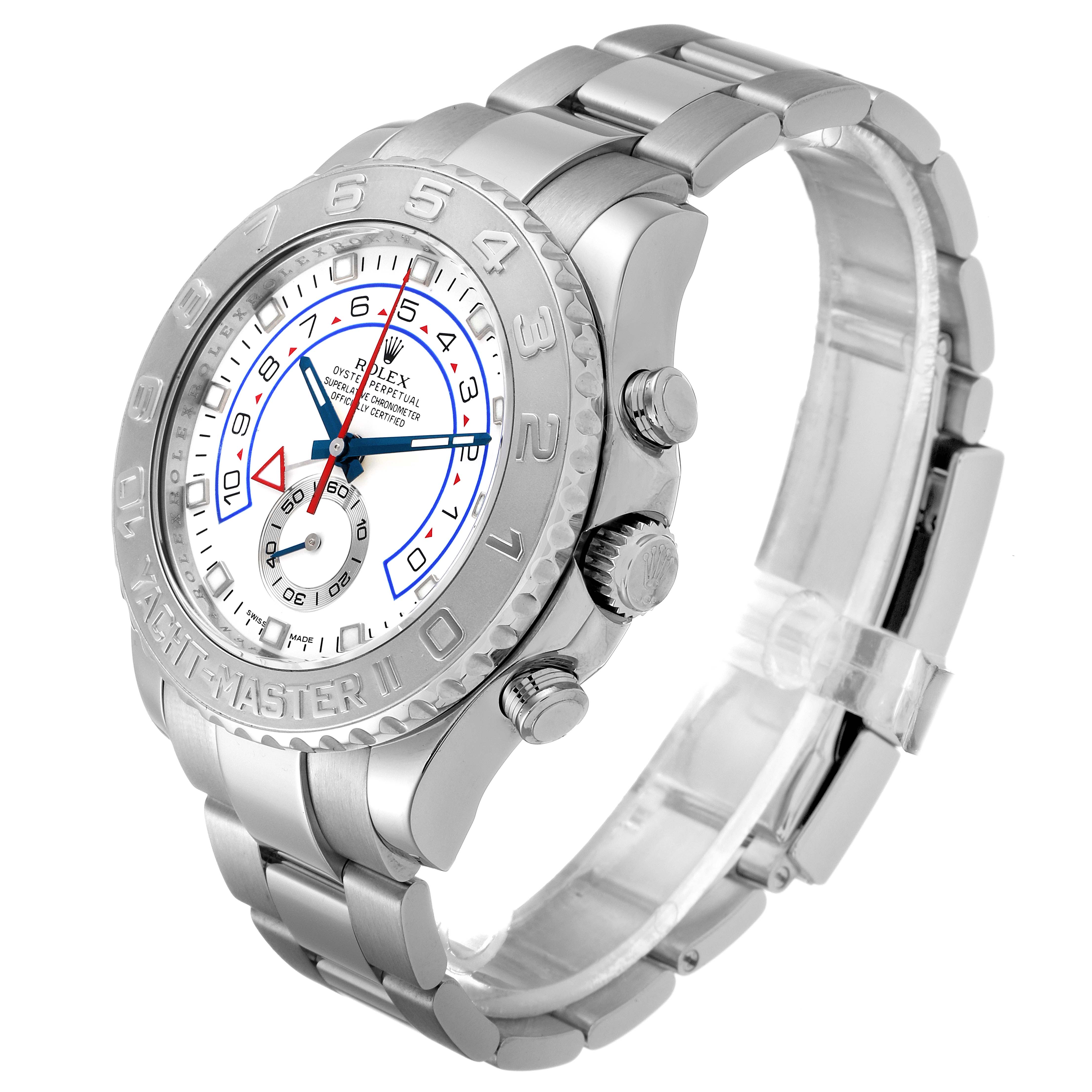 The Rolex Yacht-Master 116689 Men's White Gold White Dial 116689 Men's White Gold White Dial watch is displayed at a three-quarter angle, showcasing the face, bezel, crown, and part of the bracelet.