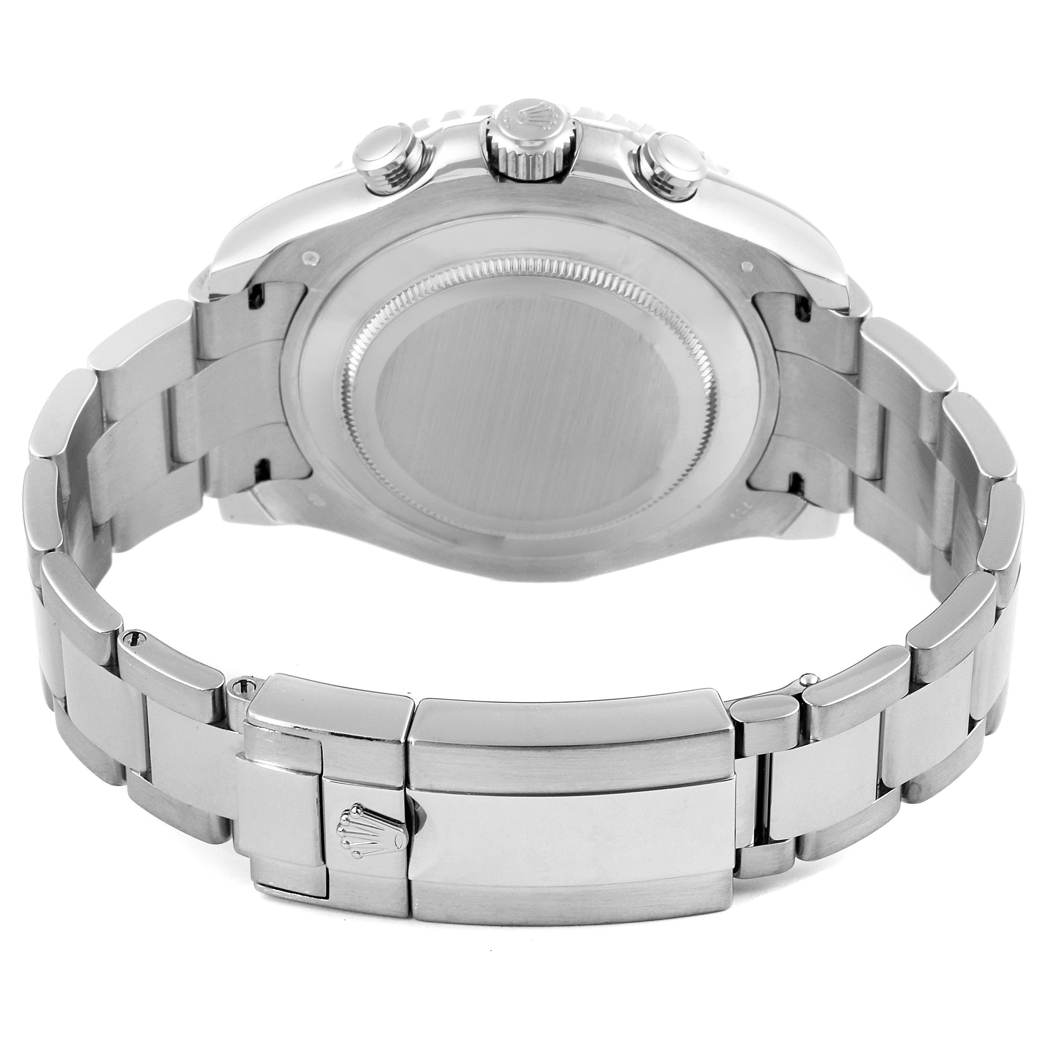 This image shows the back view of a Rolex Yacht-Master 116689 Men's White Gold White Dial 116689 Men's White Gold White Dial watch, highlighting its bracelet and clasp.