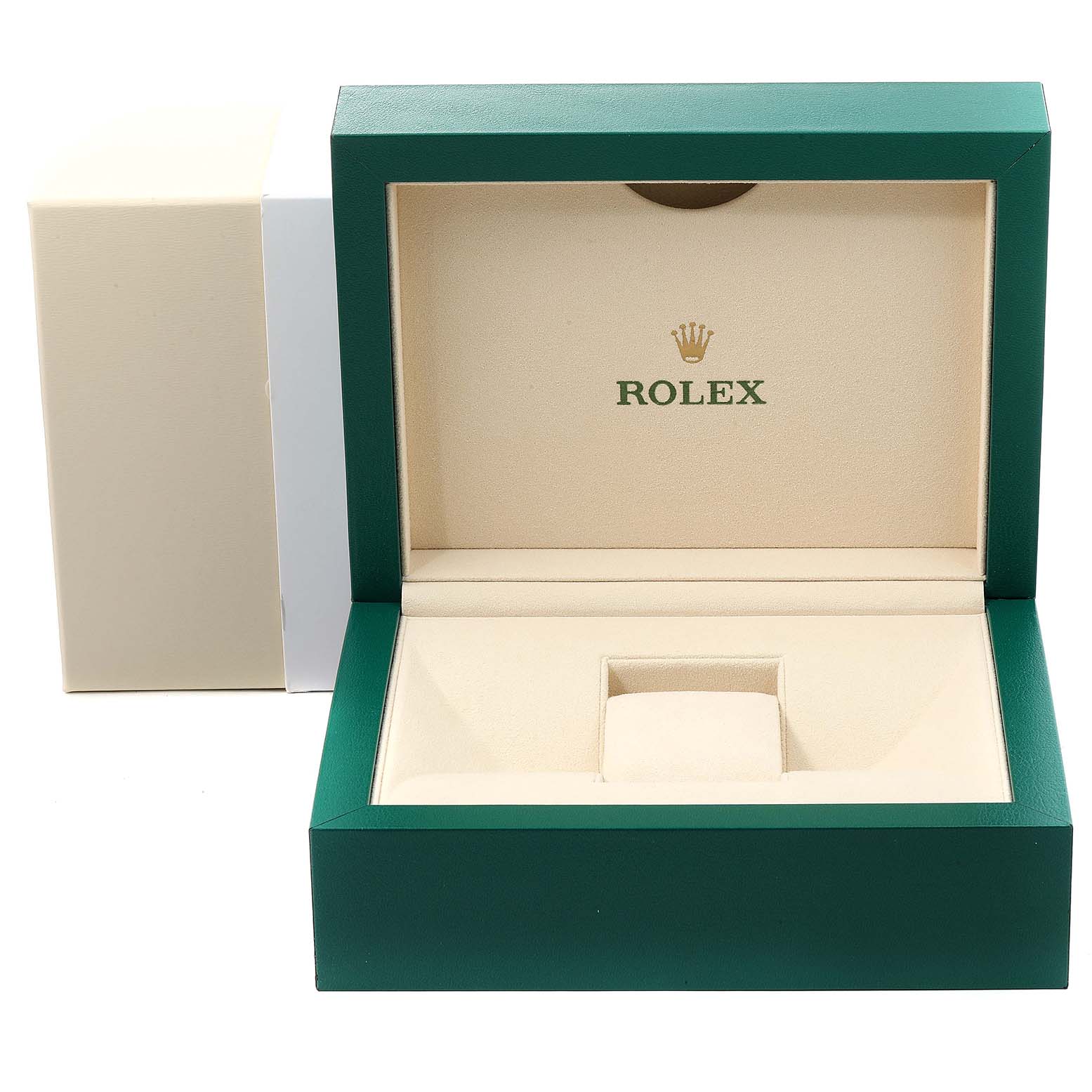 This image shows an open green Rolex box for the Yacht-Master model, revealing its interior with a cushion for the watch.