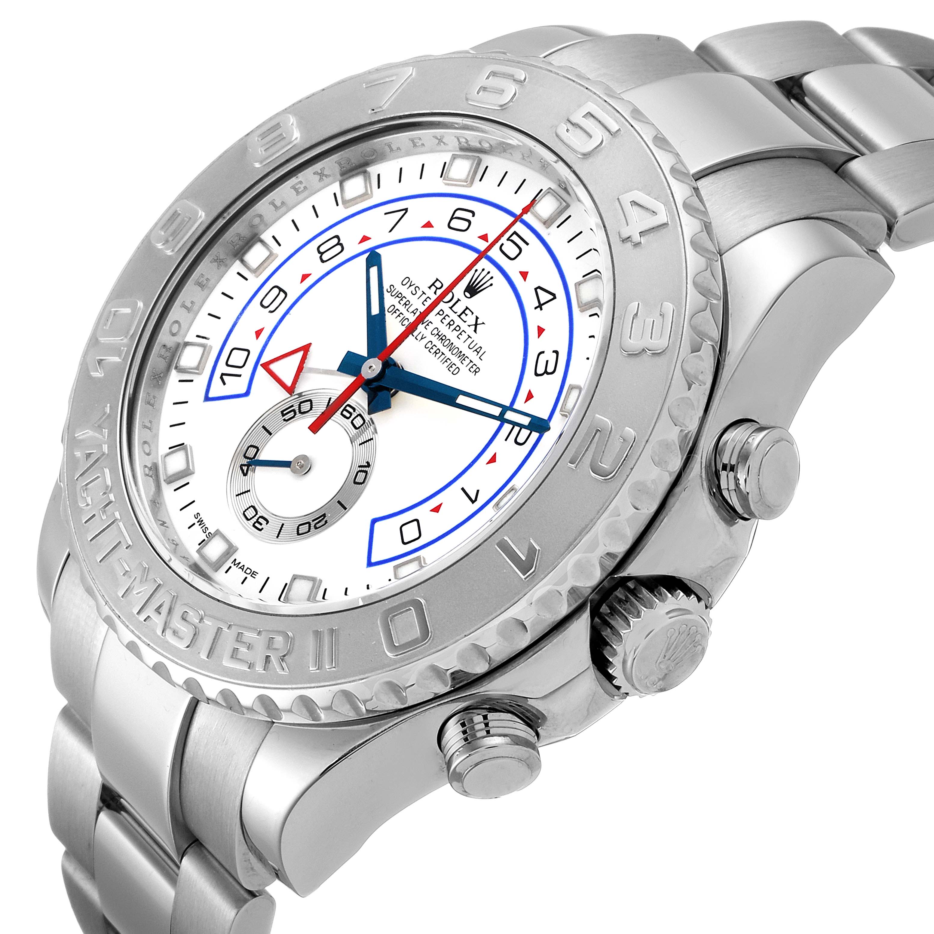 The image shows a Rolex Yacht-Master 116689 Men's White Gold White Dial 116689 Men's White Gold White Dial watch at an angled close-up, highlighting its dial, crown, bezel, and bracelet.