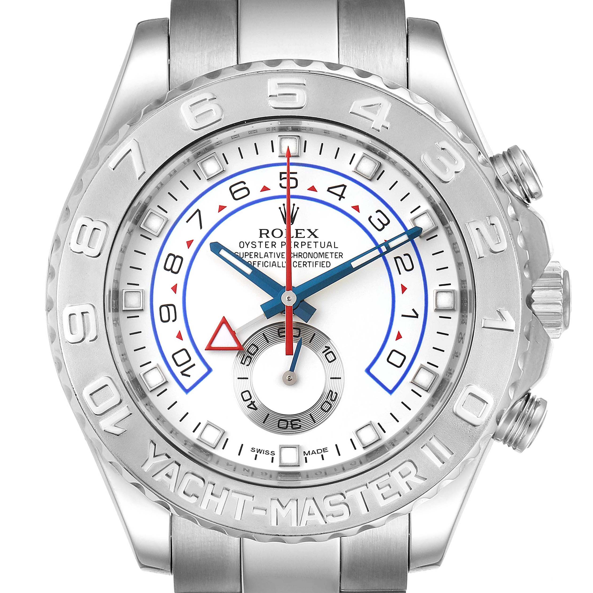 The Rolex Yacht-Master 116689 Men's White Gold White Dial 116689 Men's White Gold White Dial watch is shown from a front angle, displaying the bezel, dial, and part of the bracelet.