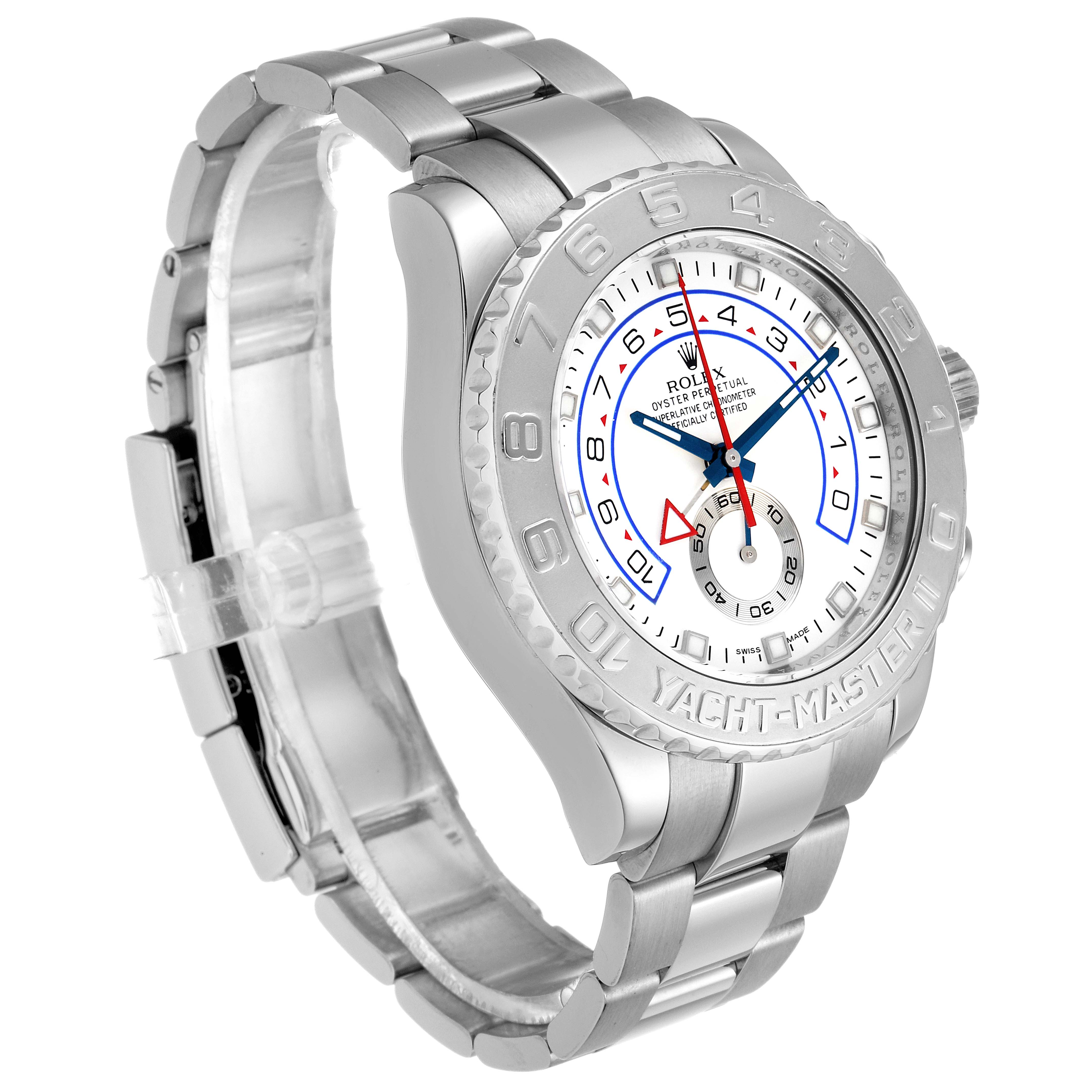This image shows a Rolex Yacht-Master 116689 Men's White Gold White Dial 116689 Men's White Gold White Dial watch from a front angle displaying the face, bezel, and bracelet.