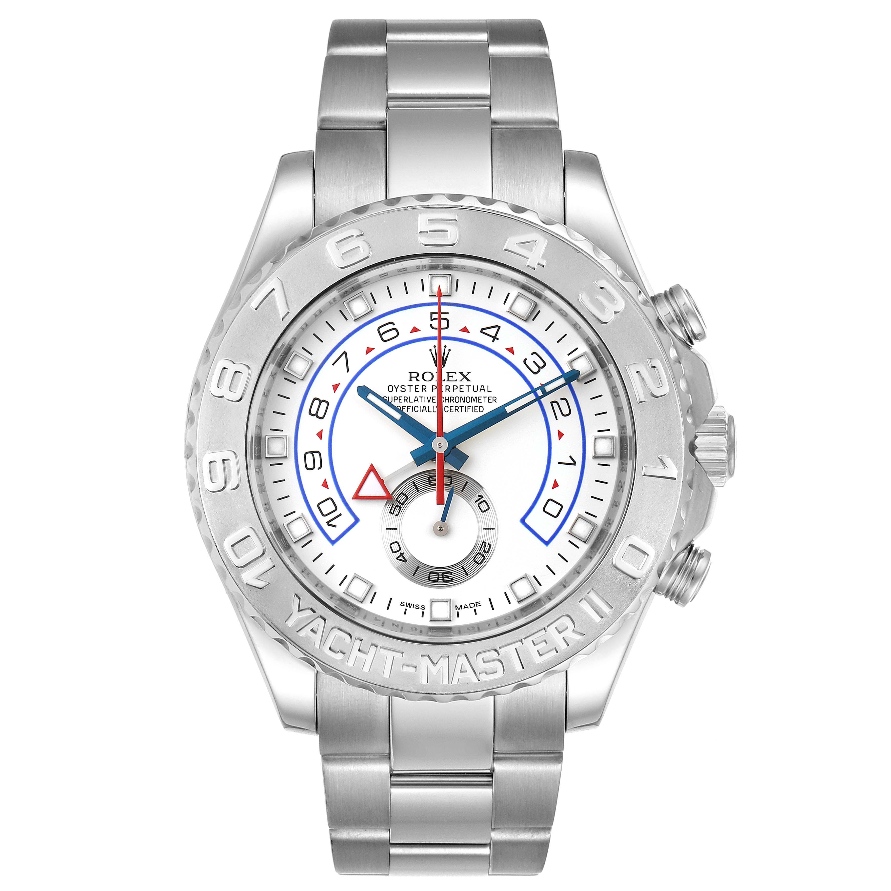 The image shows a Rolex Yacht-Master 116689 Men's White Gold White Dial 116689 Men's White Gold White Dial watch from a front angle, highlighting the dial, bezel, and bracelet.