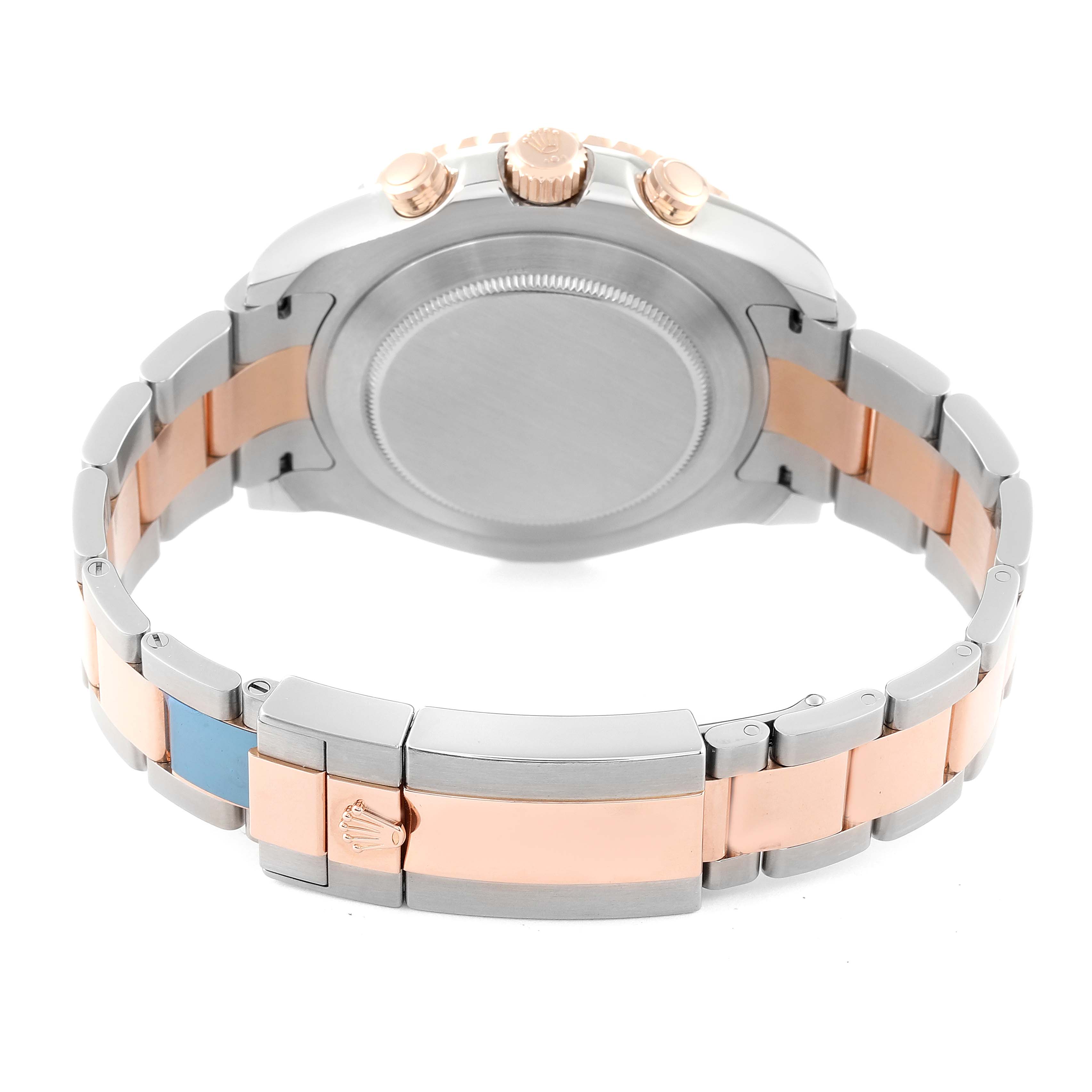 This image shows a Rolex Yacht-Master 116681 Men's Steel and Gold (two tone) White Dial 116681 Men's Steel and Gold (two tone) White Dial watch from the back, featuring its two-tone bracelet, clasp, and case back.