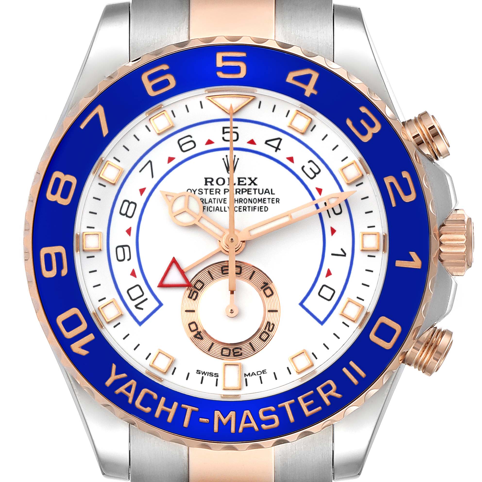 The image shows a frontal view of the Rolex Yacht-Master 116681 Men's Steel and Gold (two tone) White Dial 116681 Men's Steel and Gold (two tone) White Dial II watch, highlighting its dial, bezel, and crown.