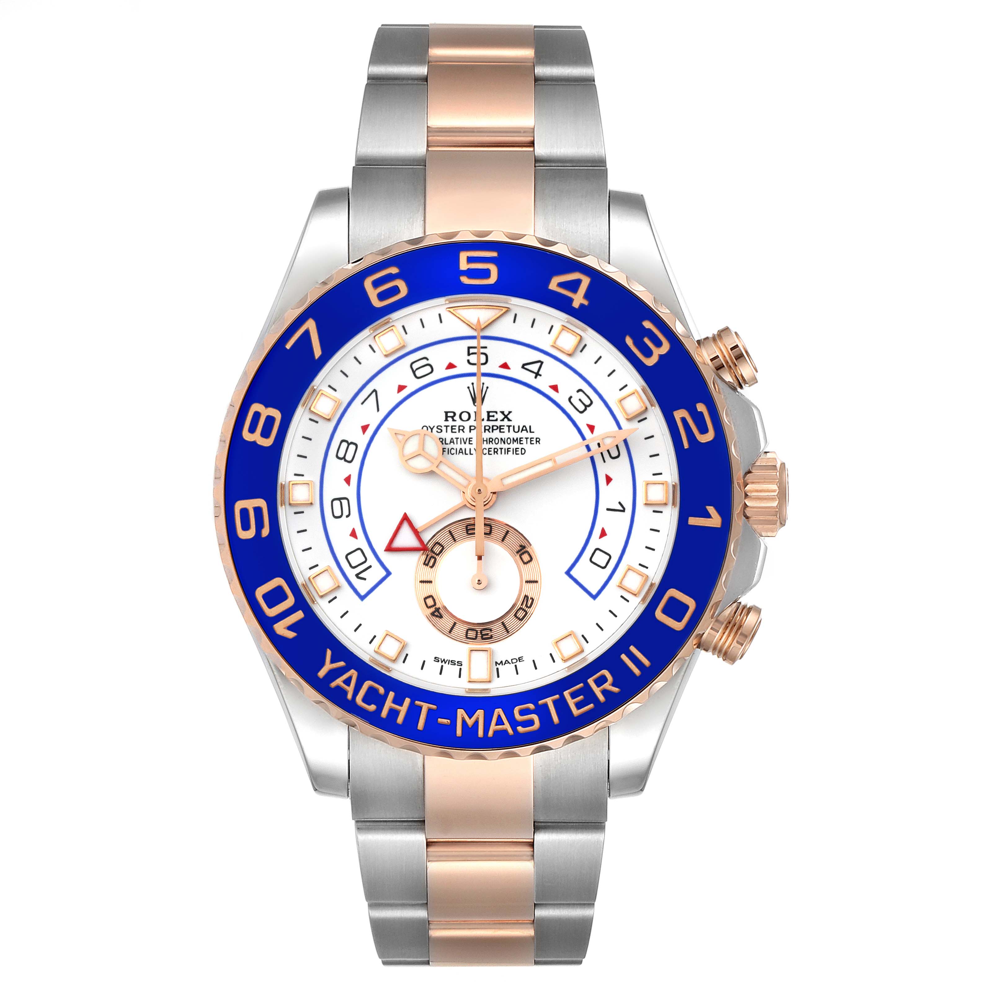 The image shows a front view of the Rolex Yacht-Master 116681 Men's Steel and Gold (two tone) White Dial 116681 Men's Steel and Gold (two tone) White Dial II watch, highlighting its bezel, dial, and bracelet.