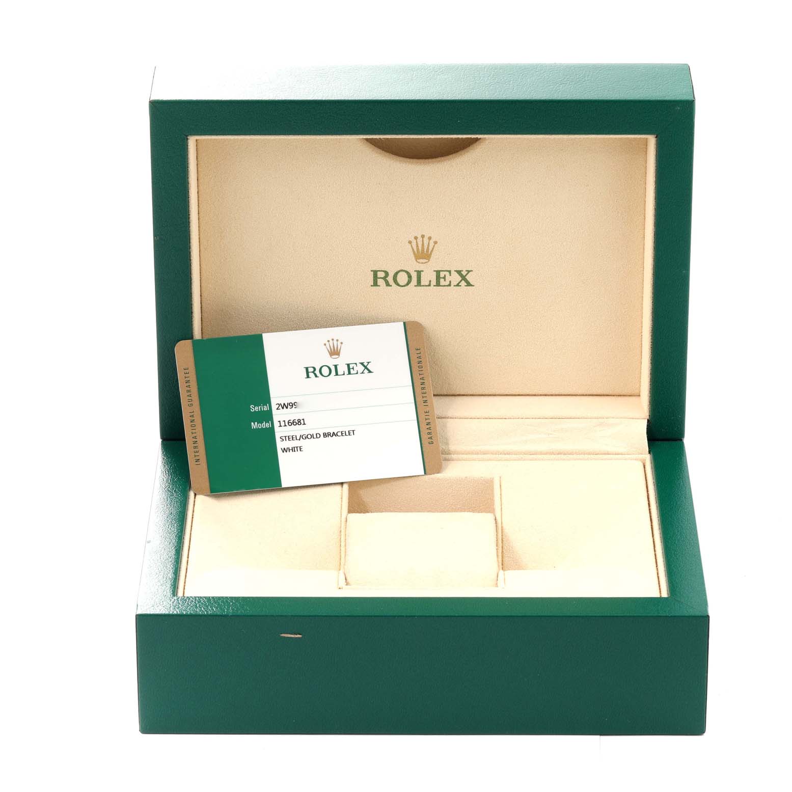 The image shows an open Rolex Yacht-Master 116681 Men's Steel and Gold (two tone) White Dial 116681 Men's Steel and Gold (two tone) White Dial watch box displaying an authenticity card.