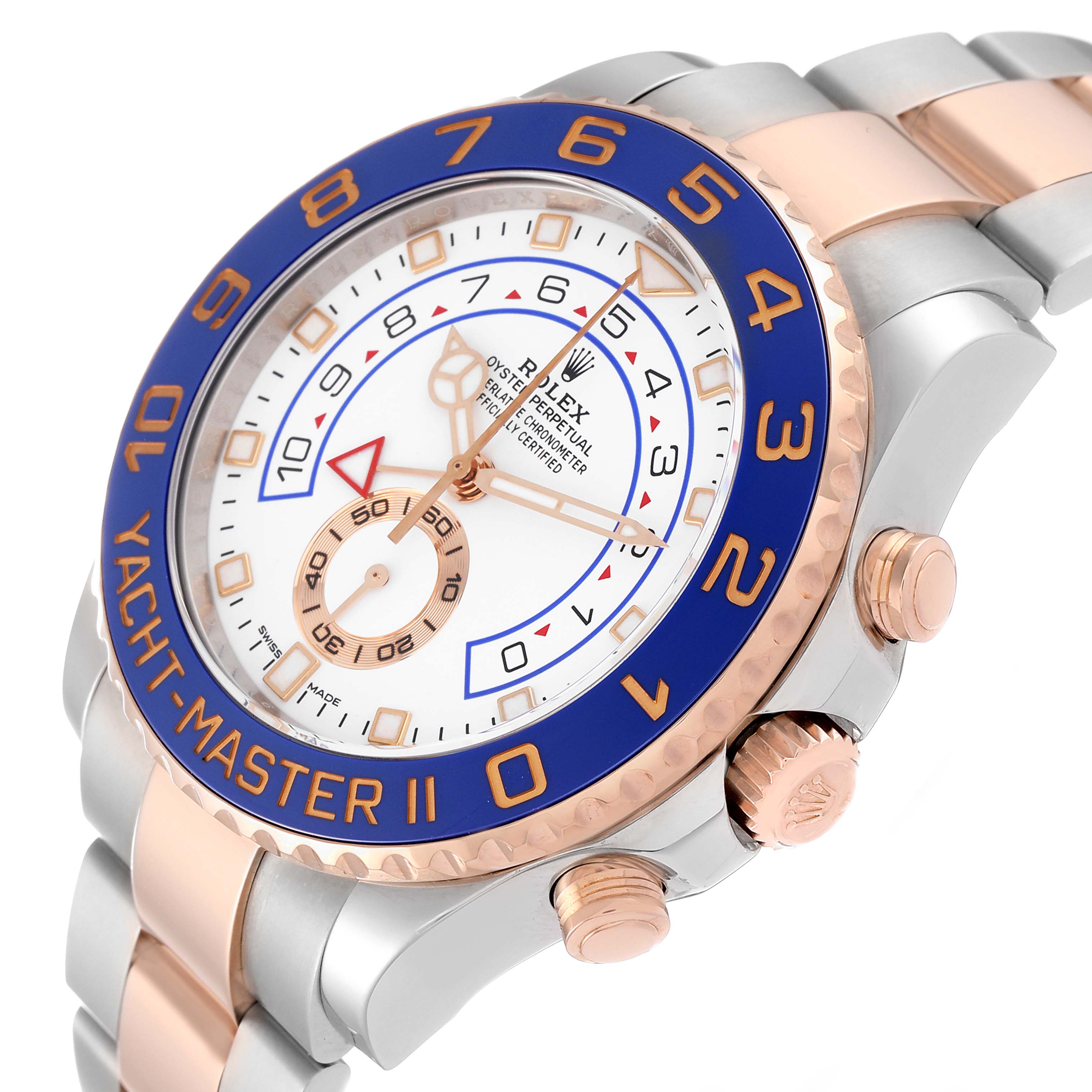 The image shows a close-up angle of the Rolex Yacht-Master 116681 Men's Steel and Gold (two tone) White Dial 116681 Men's Steel and Gold (two tone) White Dial II watch, highlighting its face, bezel, and crown.