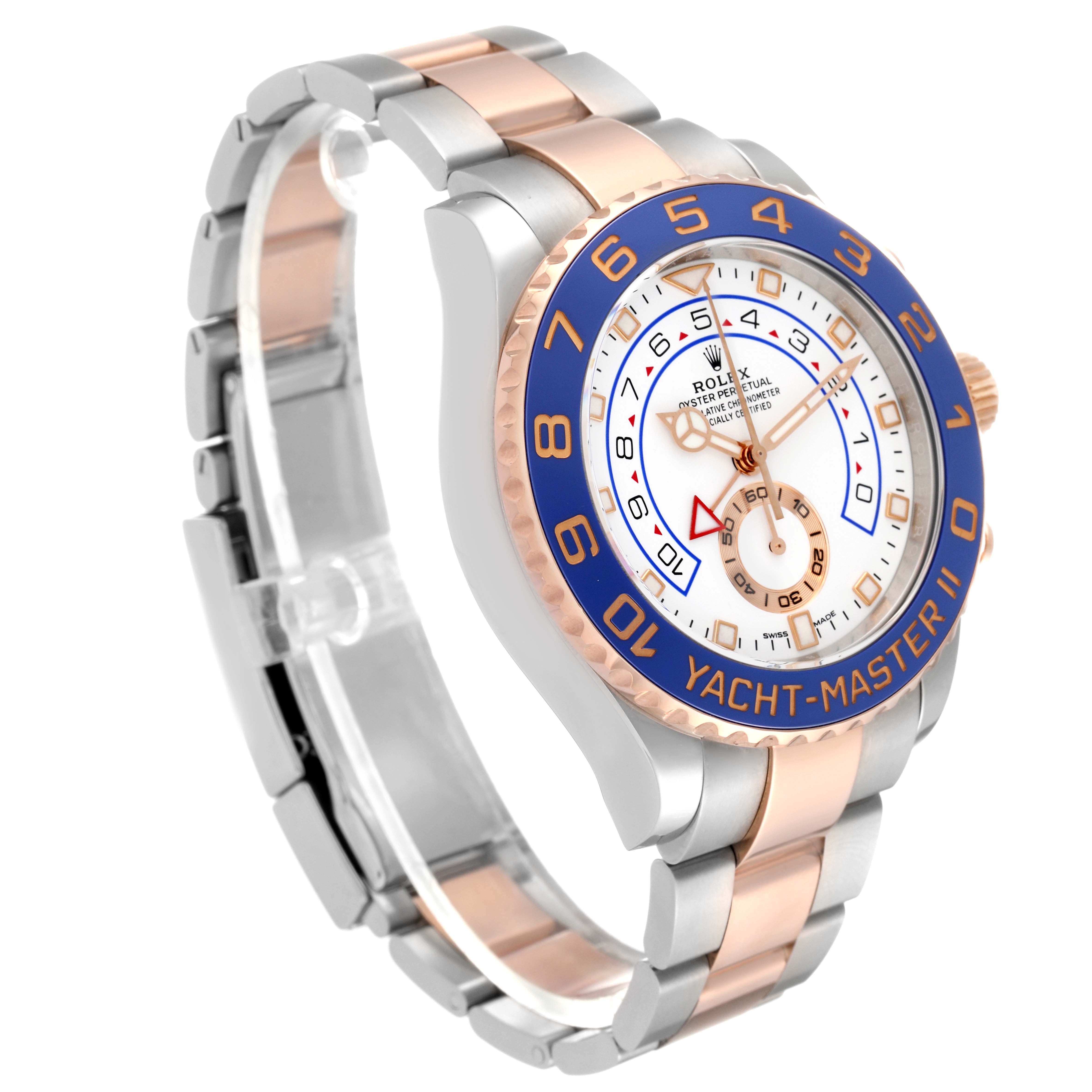 The Rolex Yacht-Master 116681 Men's Steel and Gold (two tone) White Dial 116681 Men's Steel and Gold (two tone) White Dial watch is shown at a slanted angle, displaying the face, bezel, and bracelet clearly.
