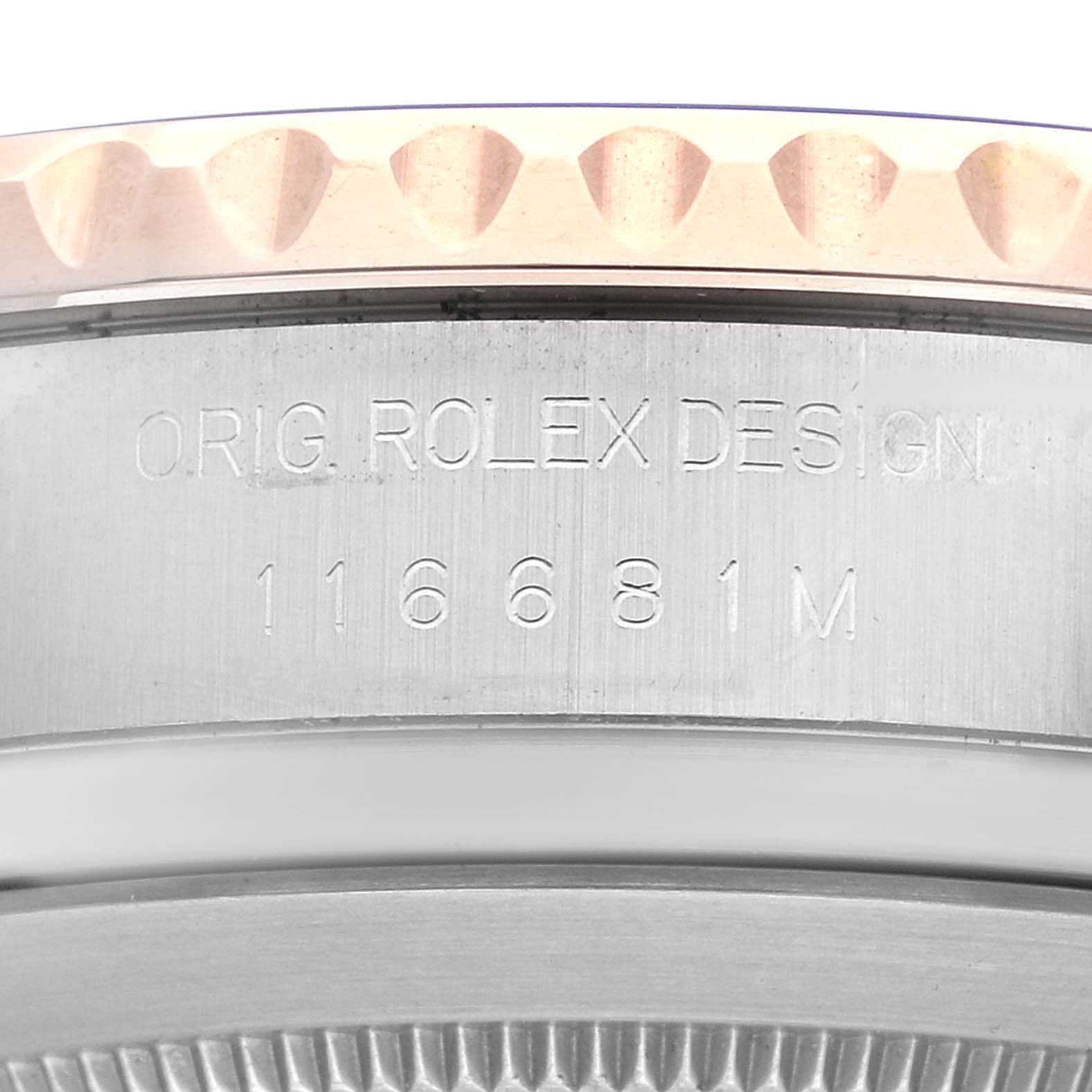 The image shows a close-up of the engraved bezel and case edge of a Rolex Yacht-Master 116681 Men's Steel and Gold (two tone) White Dial 116681 Men's Steel and Gold (two tone) White Dial watch, with the model number visible.