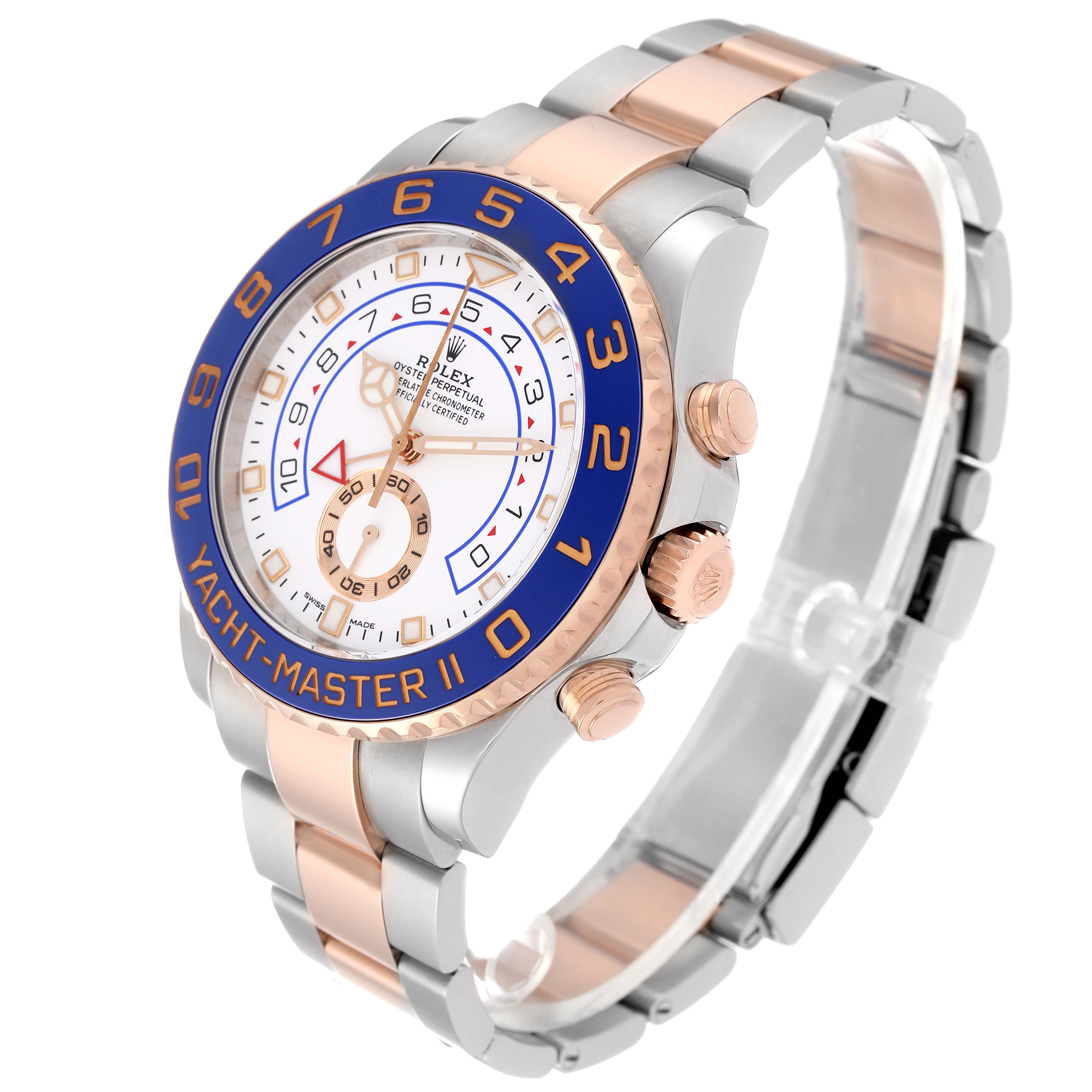The image shows a Rolex Yacht-Master 116681 Men's Steel and Gold (two tone) White Dial 116681 Men's Steel and Gold (two tone) White Dial II watch at a three-quarter angle, highlighting the band, bezel, and dial.