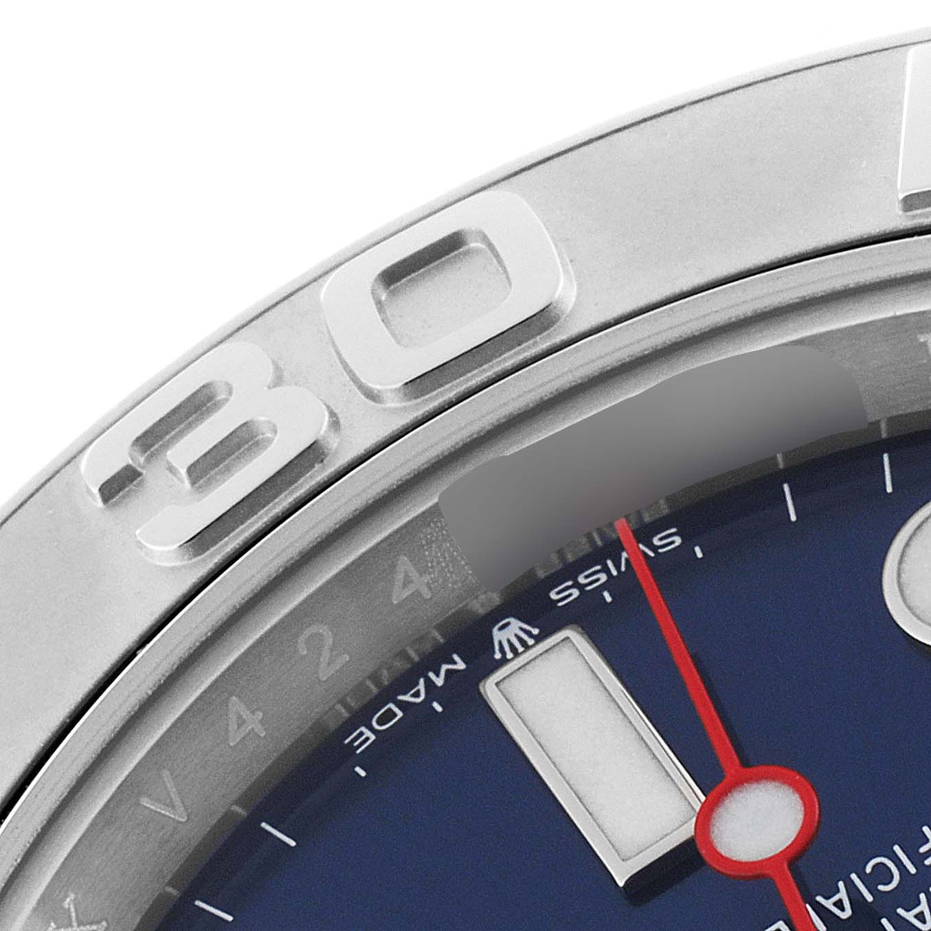 This close-up shows the bezel, part of the dial, and the "30" mark of the Rolex Yacht-Master 126622 Men
s Stainless Steel Blue Dial 126622 Men
s Stainless Steel Blue Dial watch.