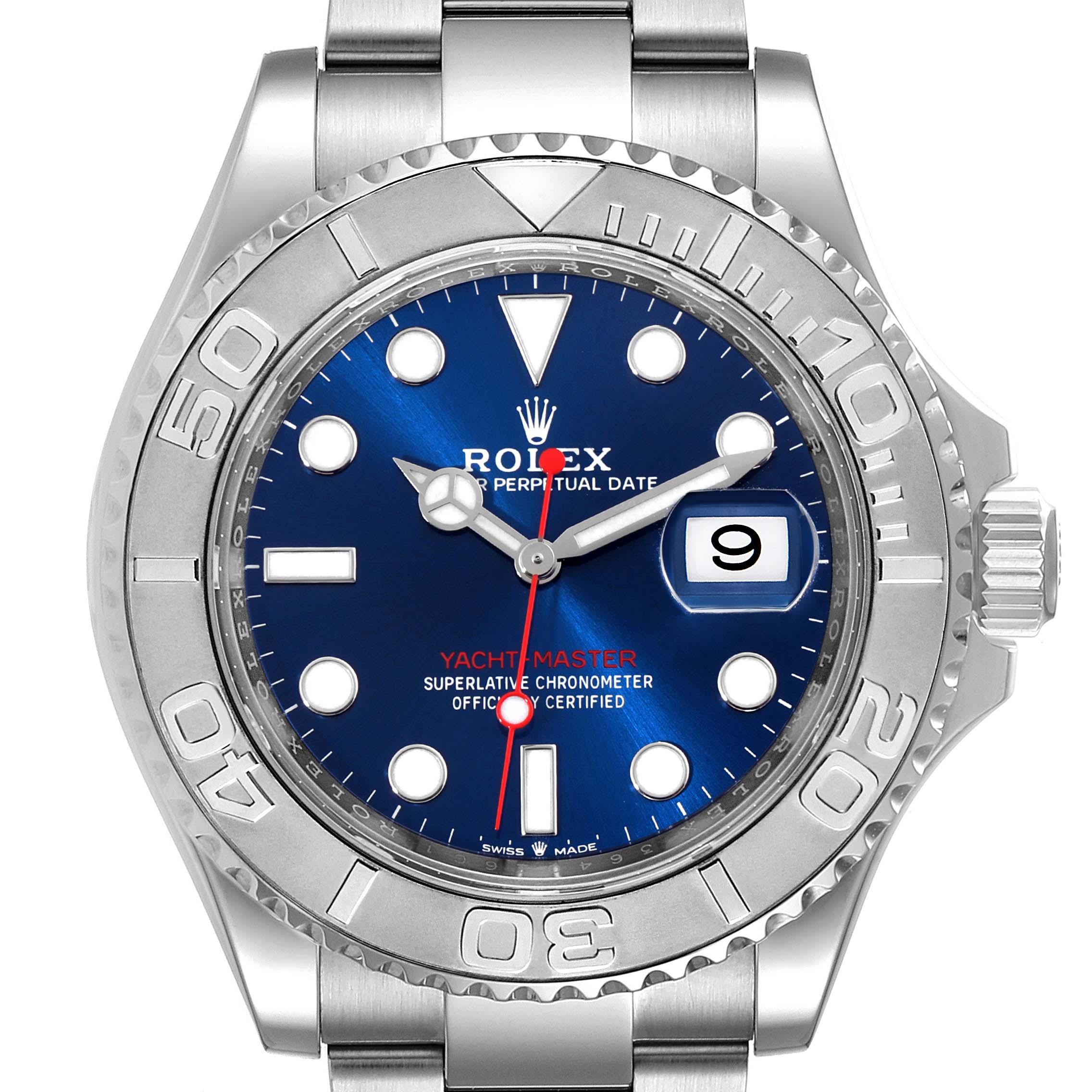 The image shows a front view of a Rolex Yacht-Master 126622 Men
s Stainless Steel Blue Dial 126622 Men
s Stainless Steel Blue Dial watch, highlighting the bezel, dial, markers, and crown.