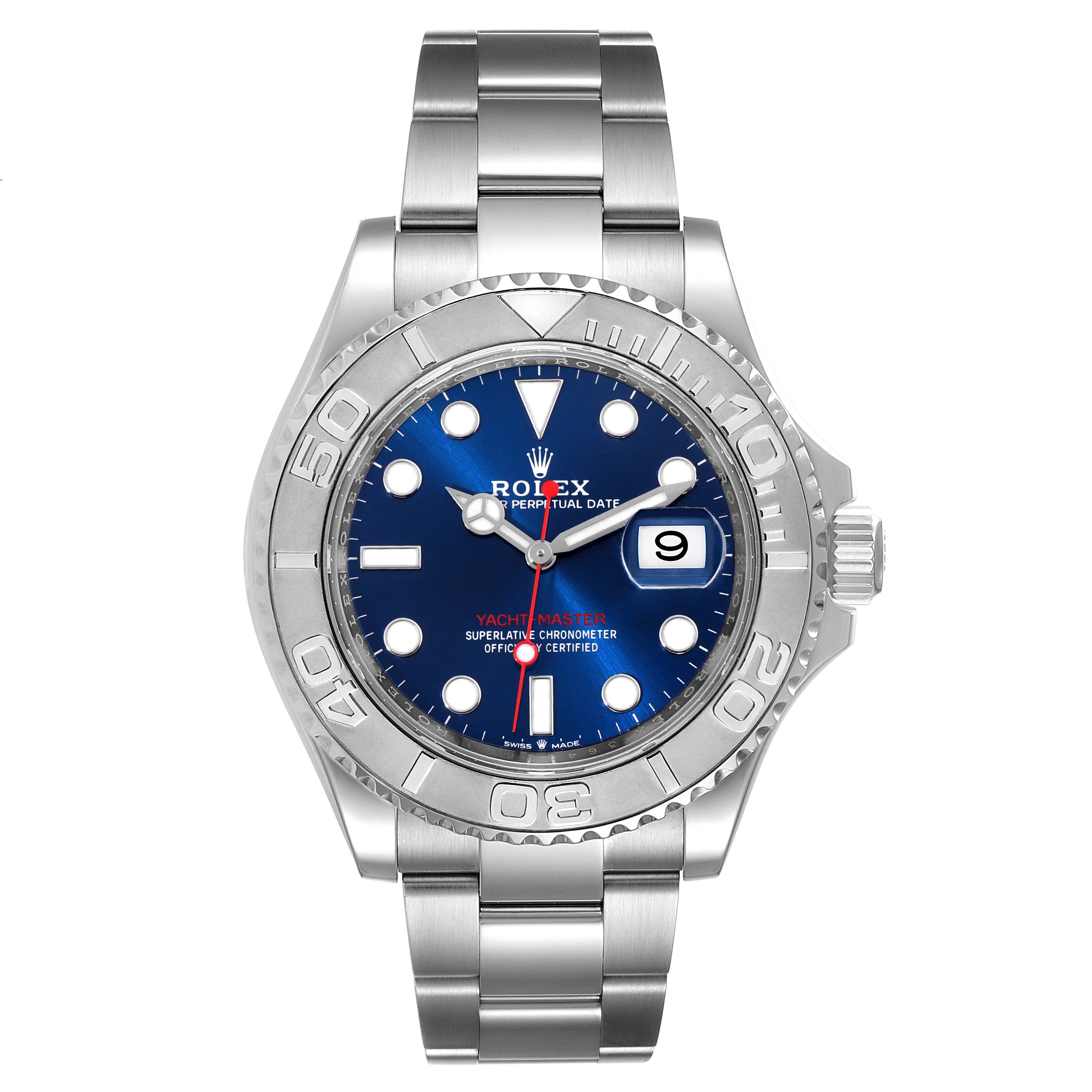 The Rolex Yacht-Master 126622 Men
s Stainless Steel Blue Dial 126622 Men
s Stainless Steel Blue Dial watch is shown from a front angle, displaying its blue dial, bezel, and bracelet.