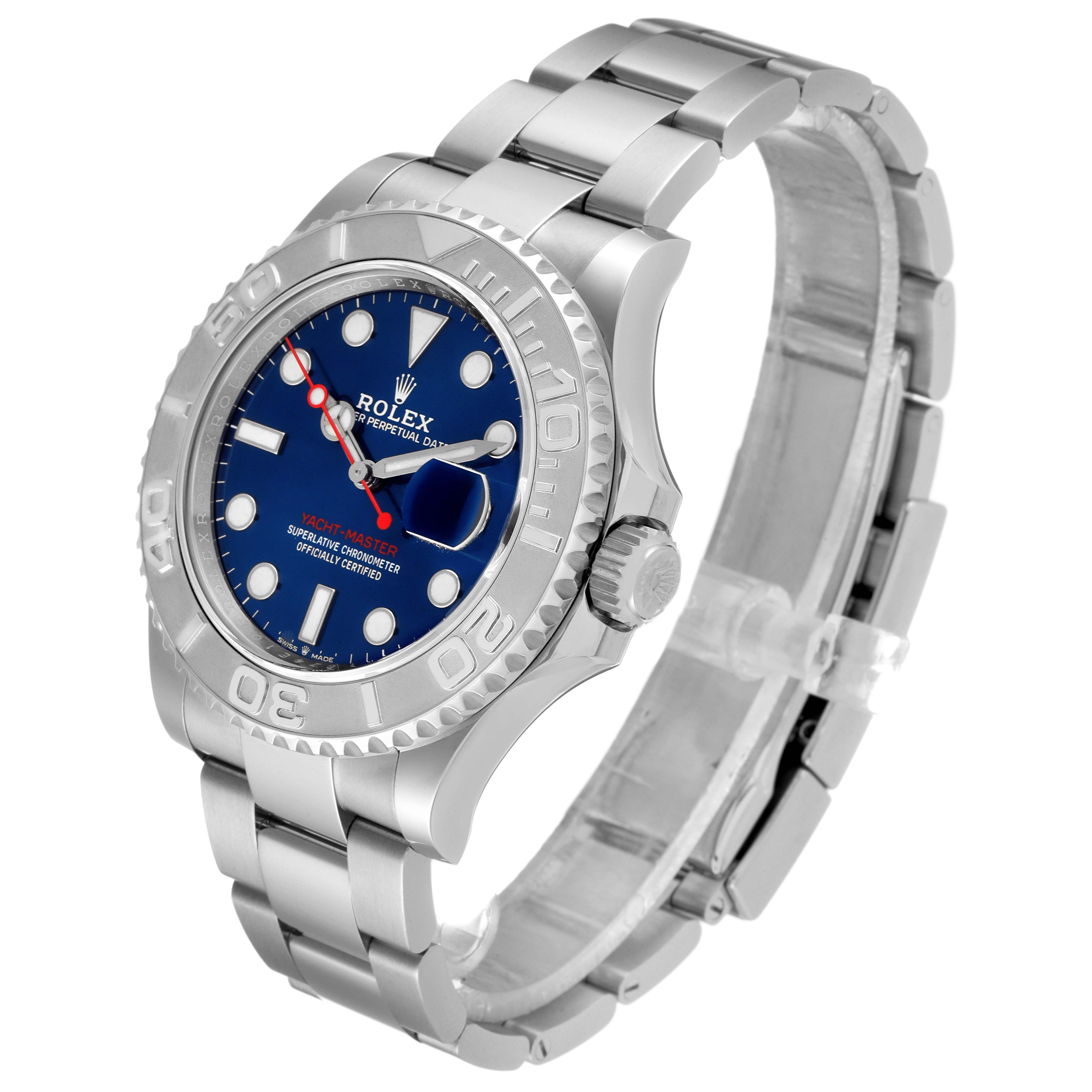 This Rolex Yacht-Master 126622 Men
s Stainless Steel Blue Dial 126622 Men
s Stainless Steel Blue Dial watch is shown from an angled front view, highlighting the dial, bezel, crown, and bracelet.