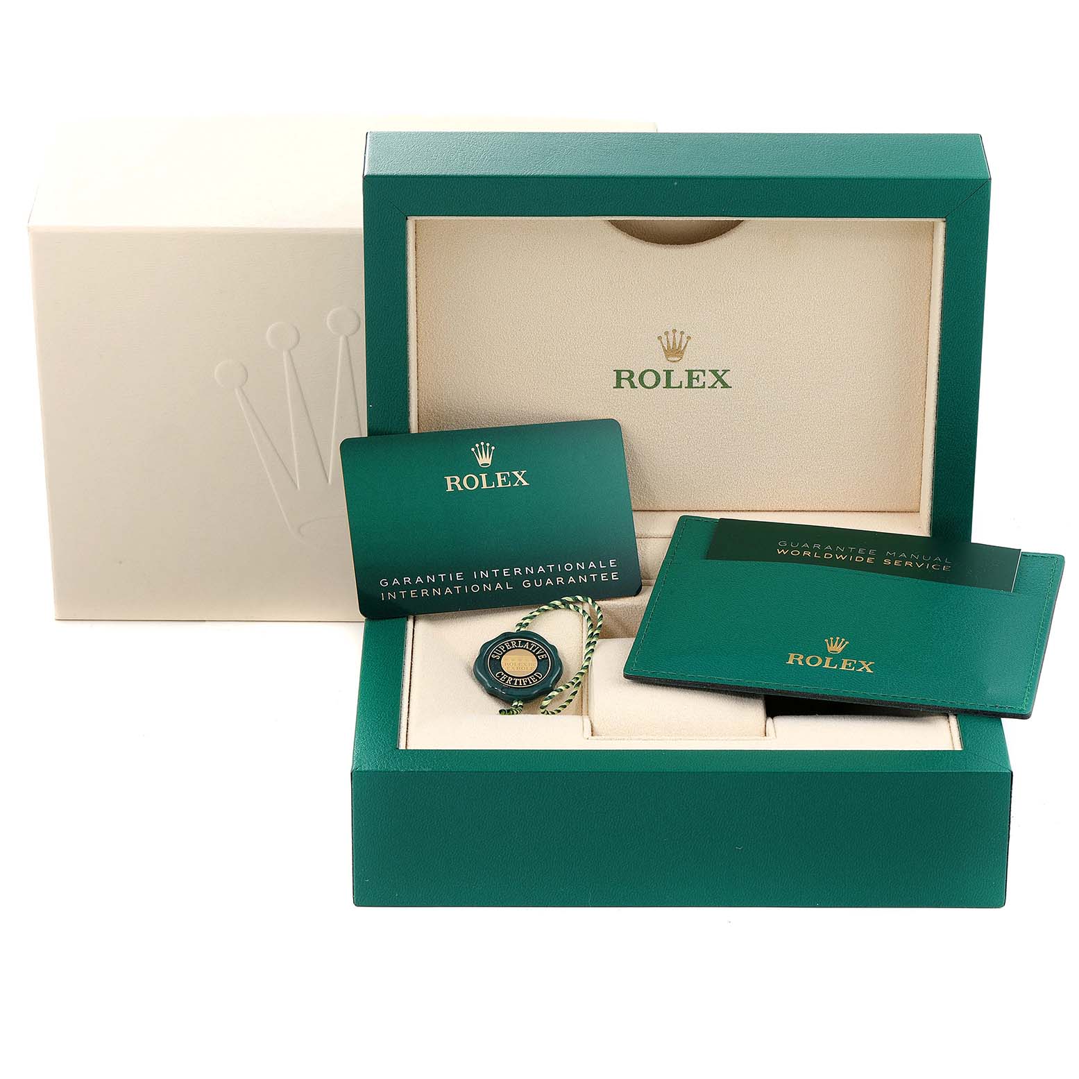 The image shows the original packaging and documents for a Rolex Yacht-Master 126622 Men
s Stainless Steel Blue Dial 126622 Men
s Stainless Steel Blue Dial watch, including the box, warranty card, and manual.