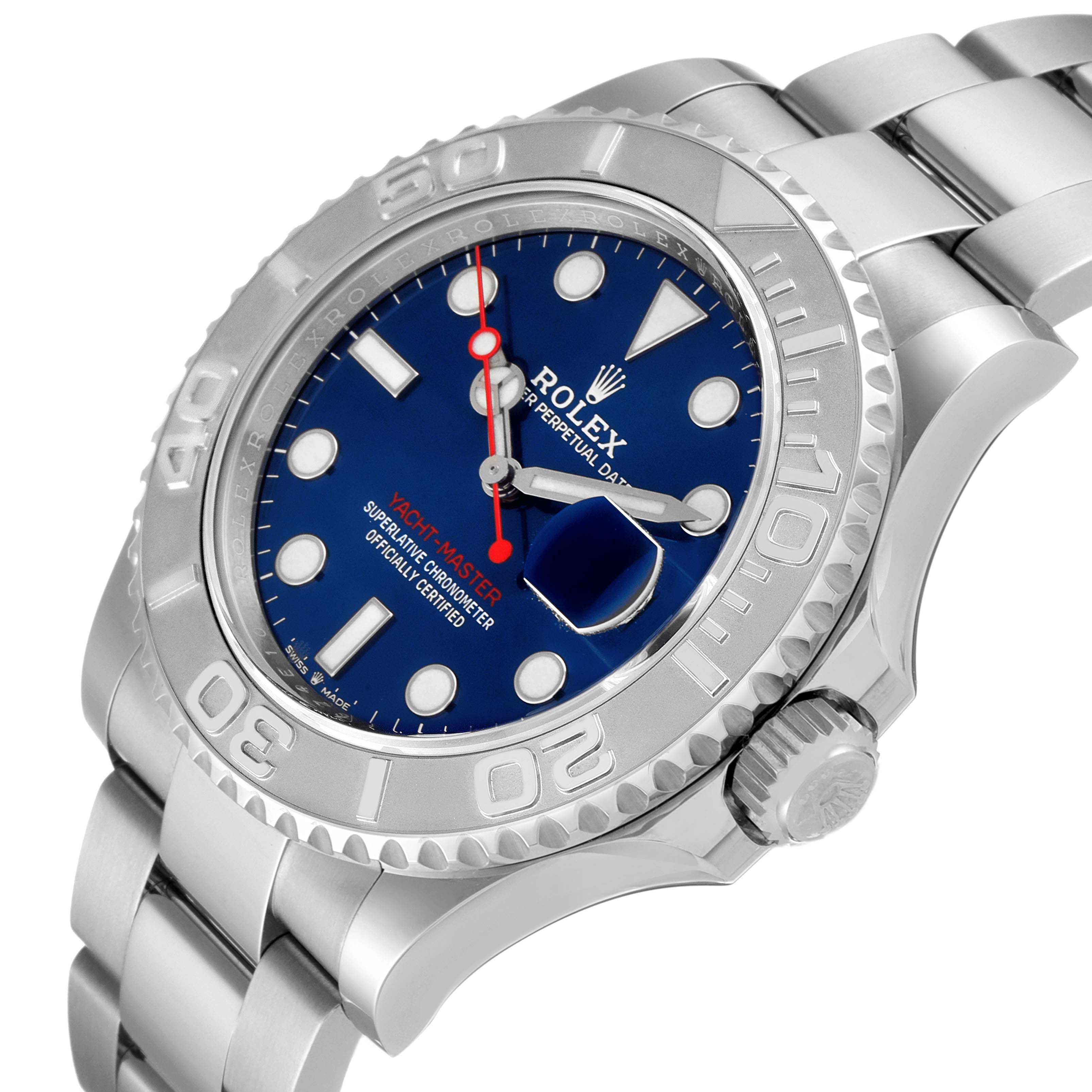 The image shows a side angle of the Rolex Yacht-Master 126622 Men
s Stainless Steel Blue Dial 126622 Men
s Stainless Steel Blue Dial watch, highlighting the bezel, dial, crown, and part of the bracelet.