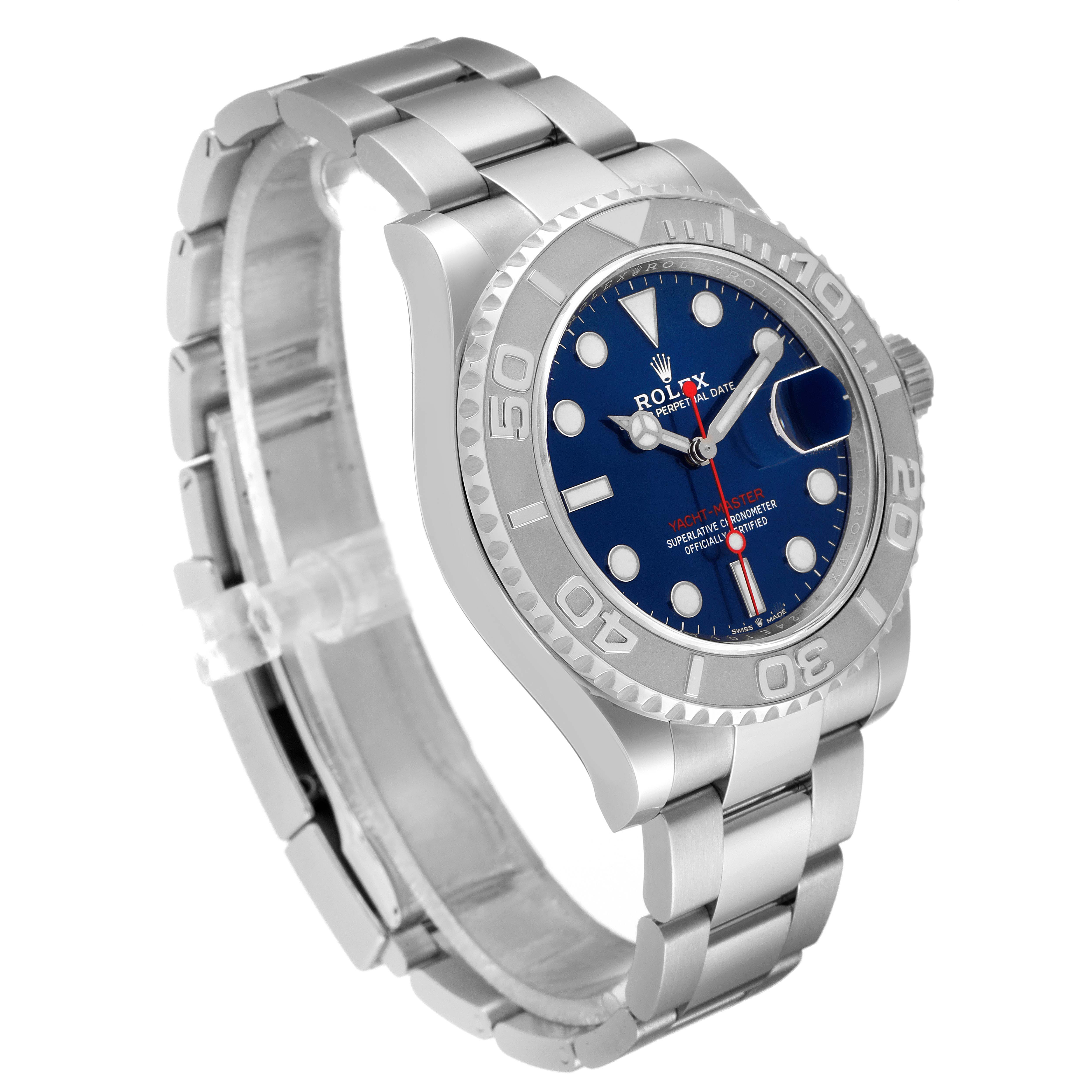 The Rolex Yacht-Master 126622 Men
s Stainless Steel Blue Dial 126622 Men
s Stainless Steel Blue Dial watch is shown at a slight angle, highlighting its blue dial, bezel, and stainless steel bracelet.