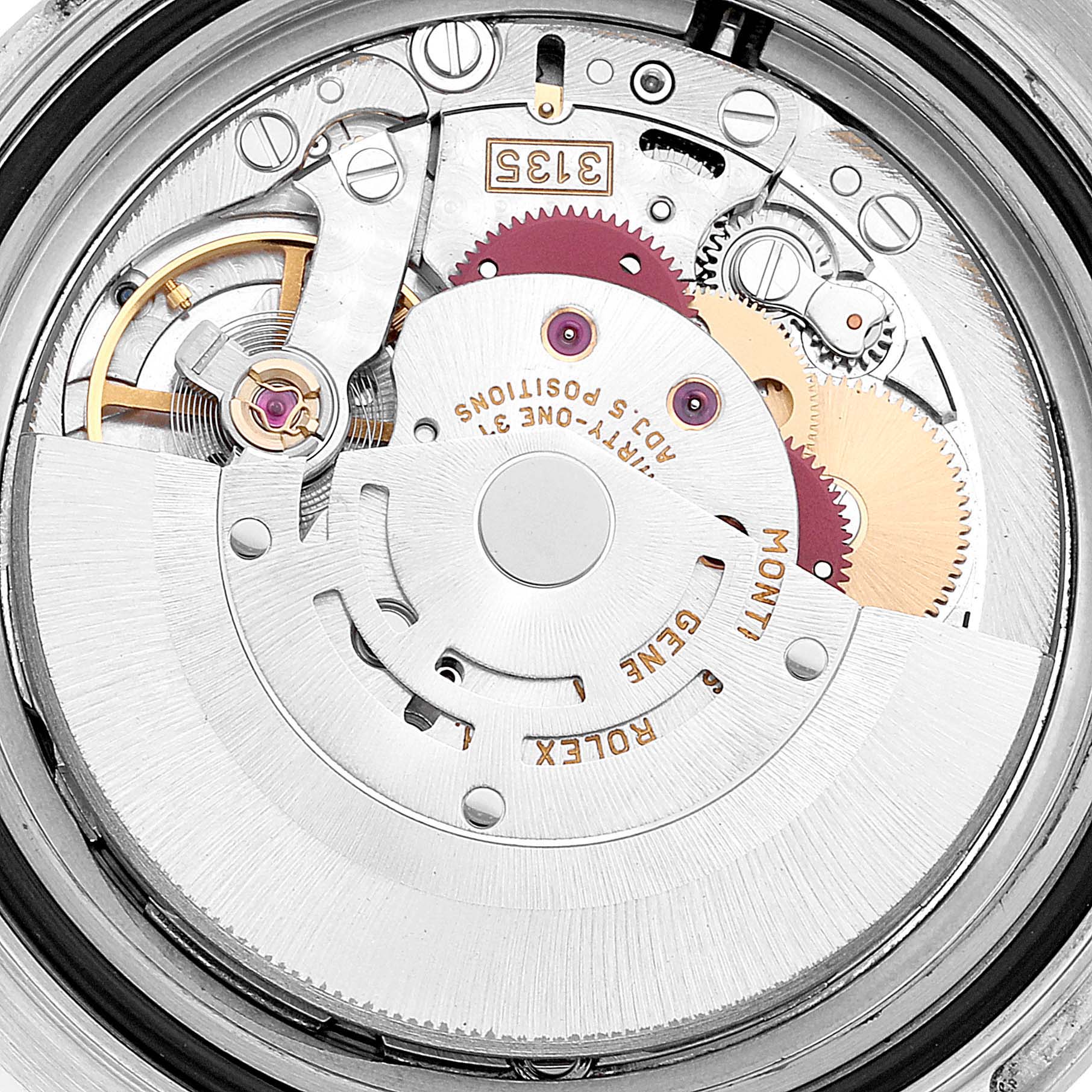 This image shows the intricate internal movement mechanism of a Rolex Yacht-Master 16622 Men's Stainless Steel Silver Dial 16622 Men's Stainless Steel Silver Dial watch from a top-down angle.