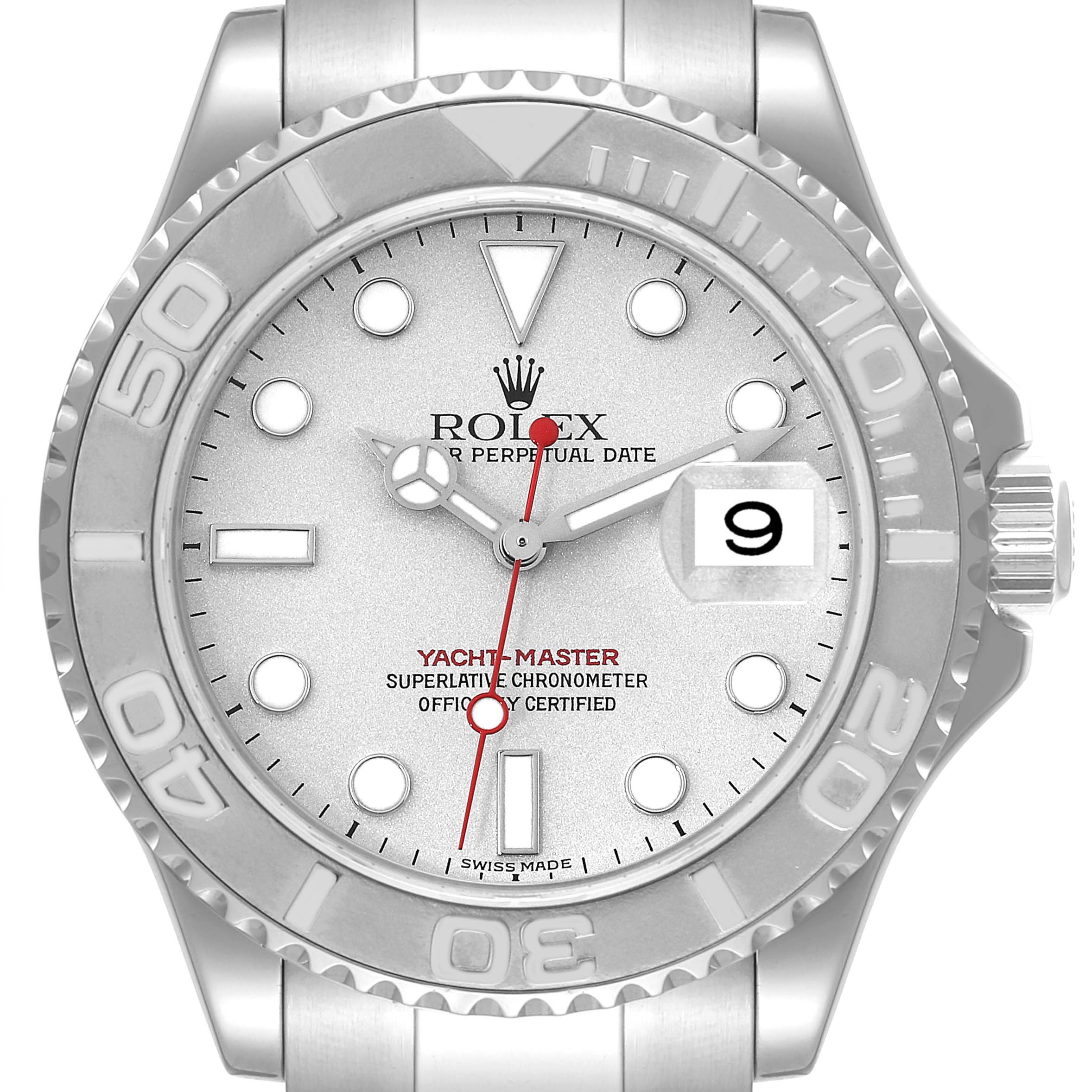 This image shows a front view of a Rolex Yacht-Master 16622 Men's Stainless Steel Silver Dial 16622 Men's Stainless Steel Silver Dial watch displaying the dial, bezel, hands, and date window.