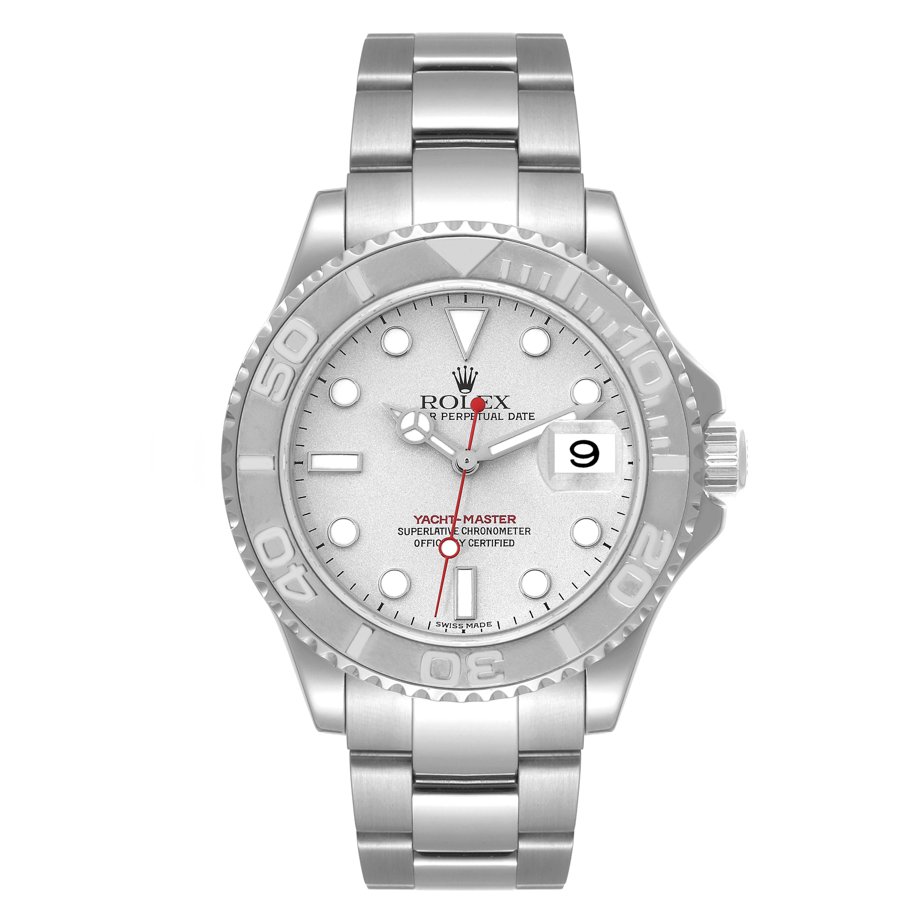This Rolex Yacht-Master 16622 Men's Stainless Steel Silver Dial 16622 Men's Stainless Steel Silver Dial watch is shown from the front, featuring the face, bezel, and bracelet.
