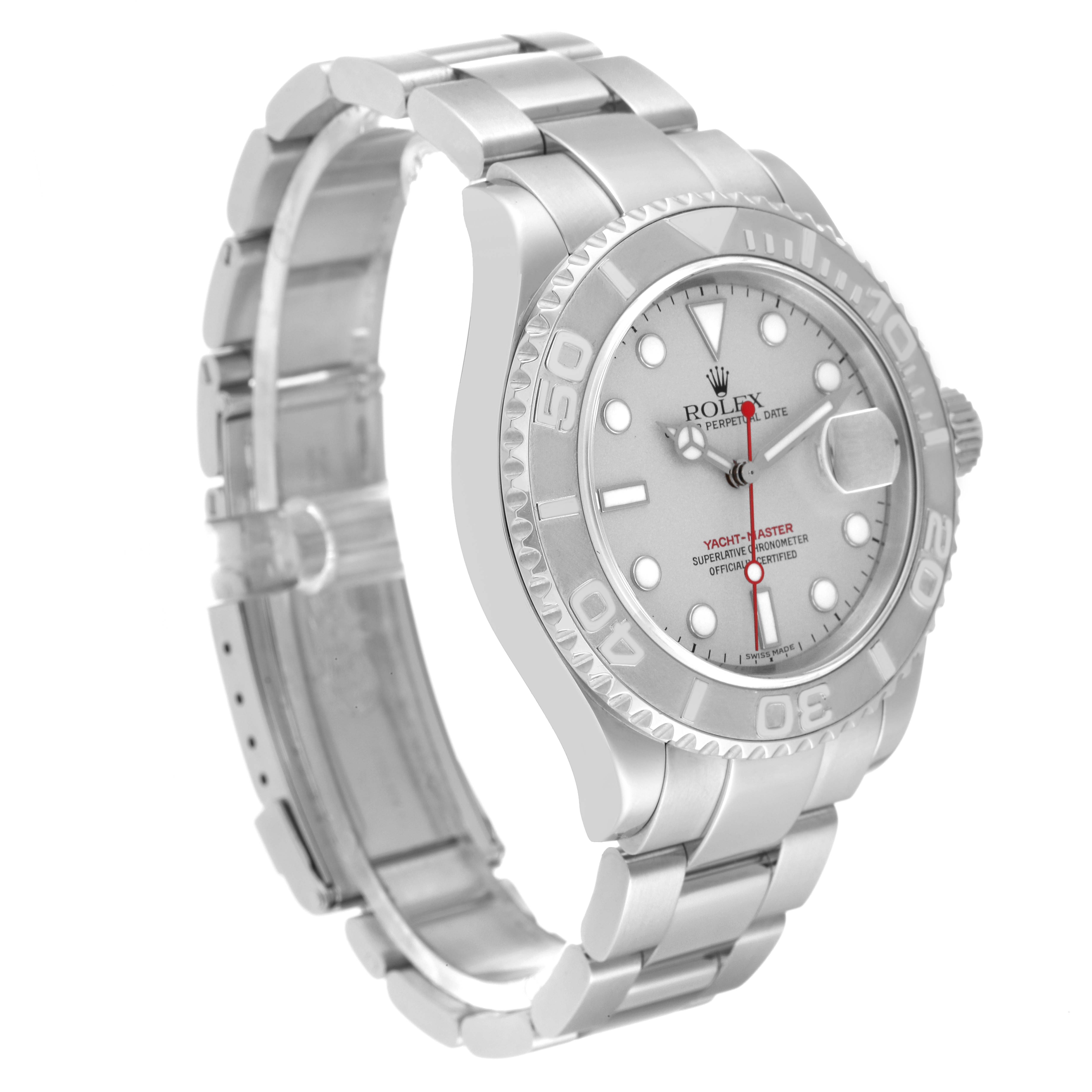 The Rolex Yacht-Master 16622 Men's Stainless Steel Silver Dial 16622 Men's Stainless Steel Silver Dial watch is shown at an angle displaying the dial, bezel, crown, and part of the bracelet.
