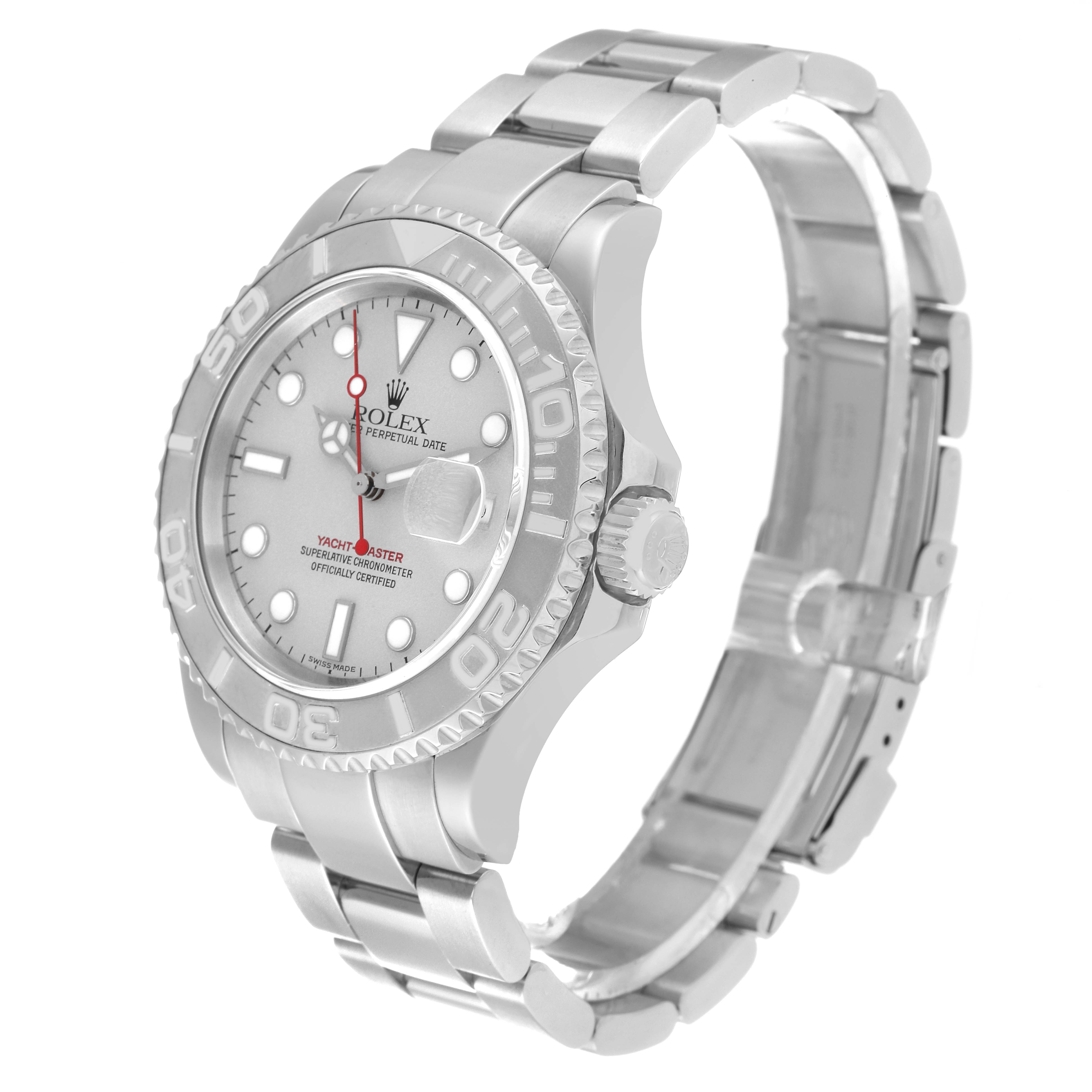 This image shows a side-angle view of a Rolex Yacht-Master 16622 Men's Stainless Steel Silver Dial 16622 Men's Stainless Steel Silver Dial watch featuring the dial, bezel, crown, and bracelet.