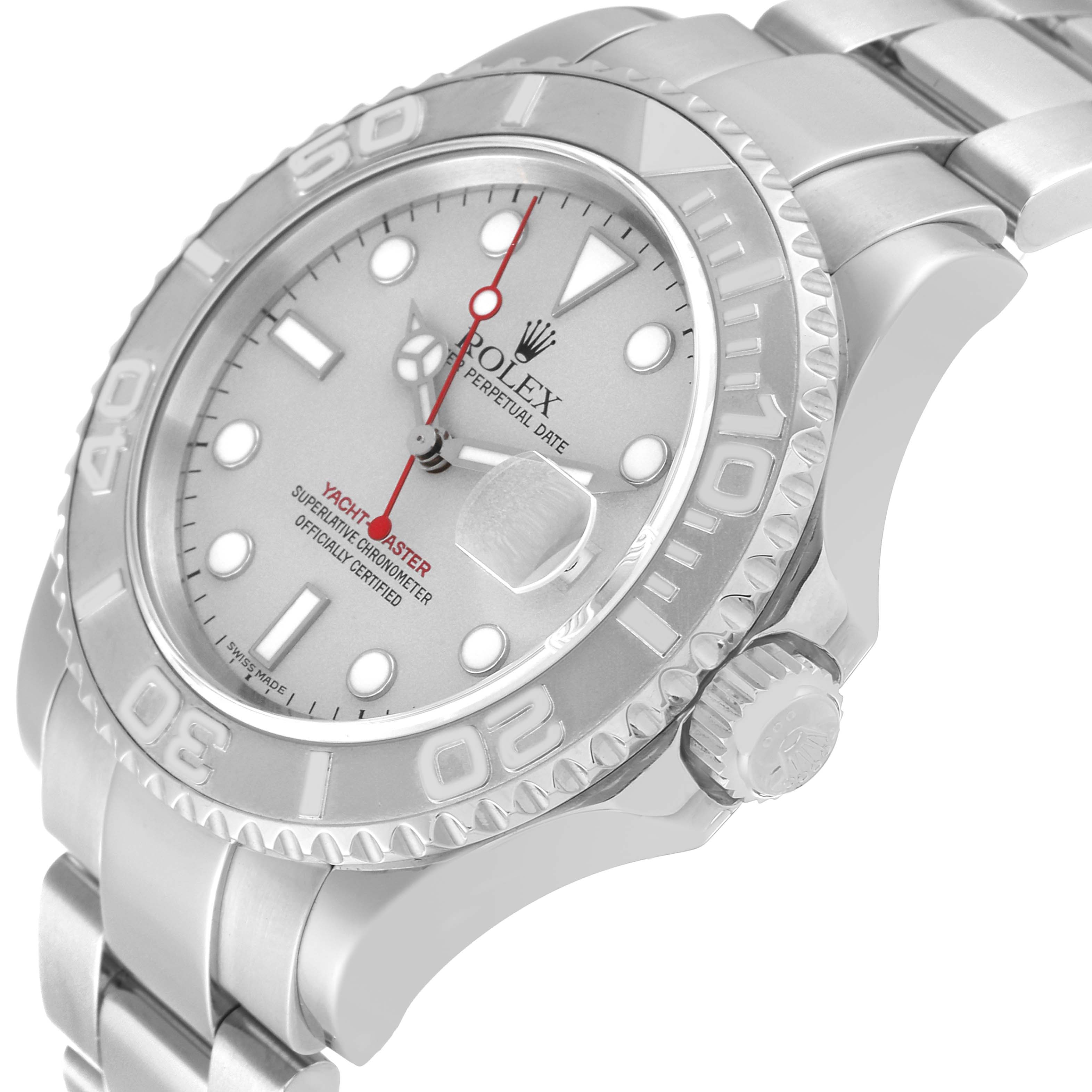 The image shows a close-up angle of the Rolex Yacht-Master 16622 Men's Stainless Steel Silver Dial 16622 Men's Stainless Steel Silver Dial watch, highlighting the dial, bezel, crown, and part of the bracelet.