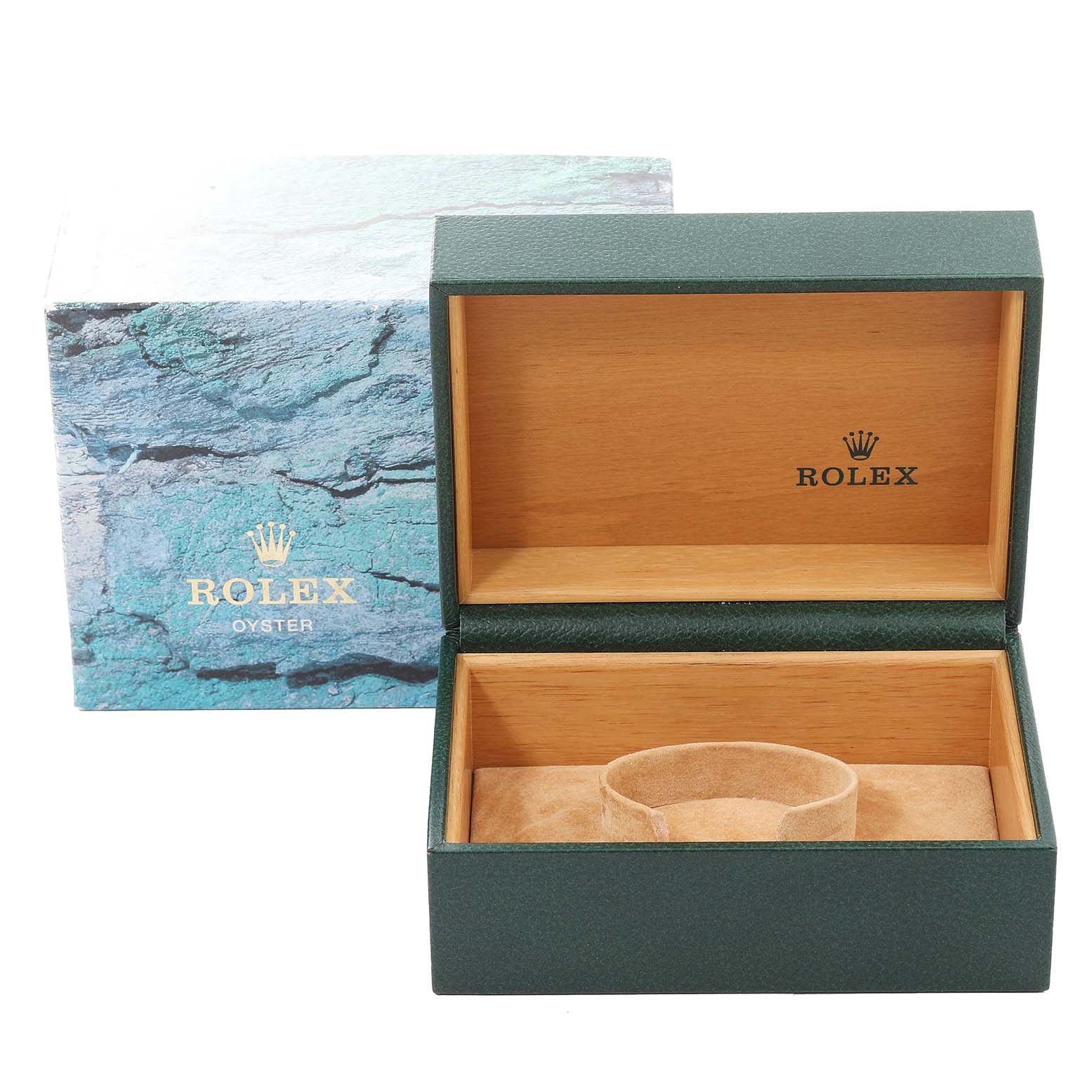 This image shows an open Rolex Yacht-Master 16622 Men's Stainless Steel Silver Dial 16622 Men's Stainless Steel Silver Dial watch box and its outer packaging.