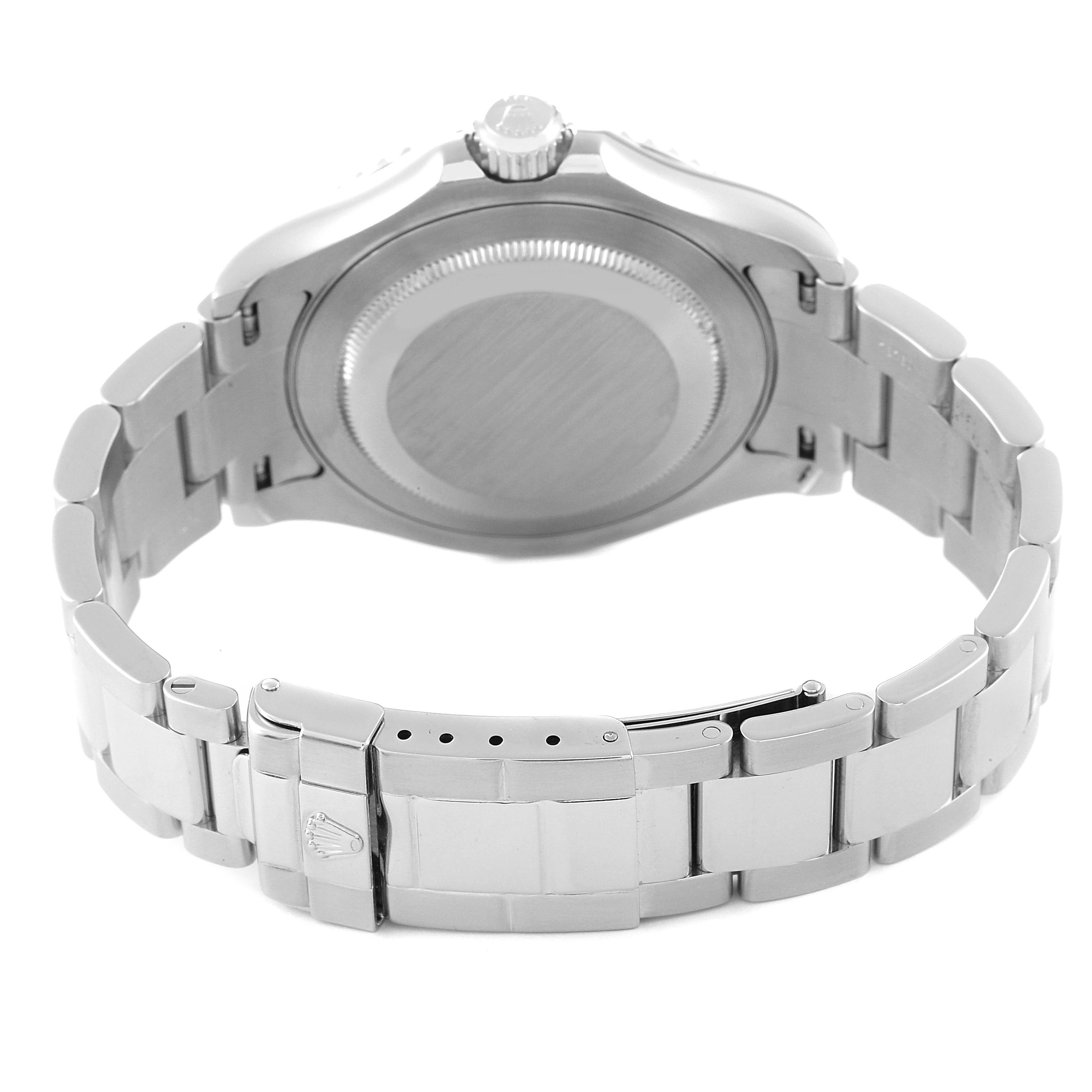 The image shows the back of a Rolex Yacht-Master 16622 Men's Stainless Steel Silver Dial 16622 Men's Stainless Steel Silver Dial watch, highlighting the bracelet, clasp, and case back.