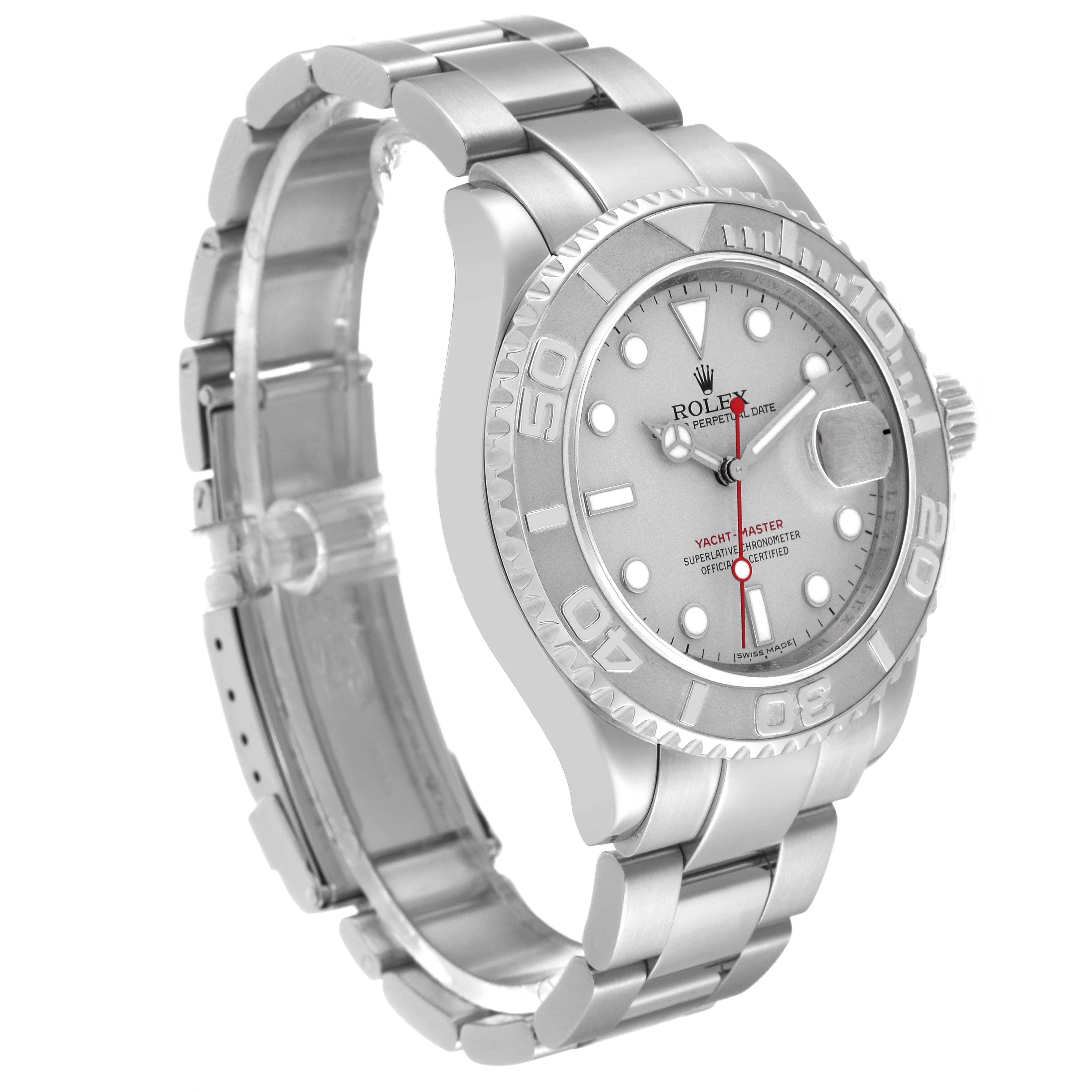 The image shows a side angle of a Rolex Yacht-Master 16622 Men's Stainless Steel Silver Dial 16622 Men's Stainless Steel Silver Dial watch, highlighting the bracelet, bezel, and dial.