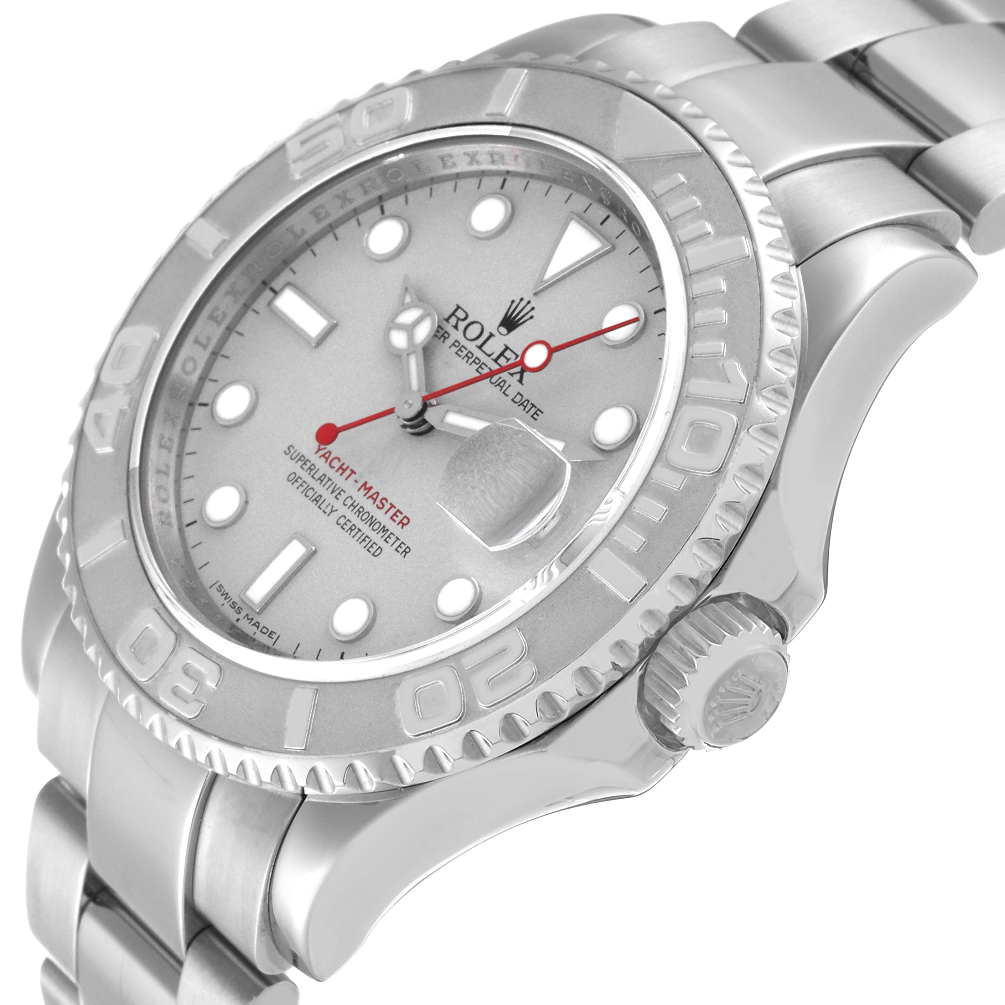 This image shows the Rolex Yacht-Master 16622 Men's Stainless Steel Silver Dial 16622 Men's Stainless Steel Silver Dial watch at an angle highlighting its dial, bezel, crown, and part of the bracelet.