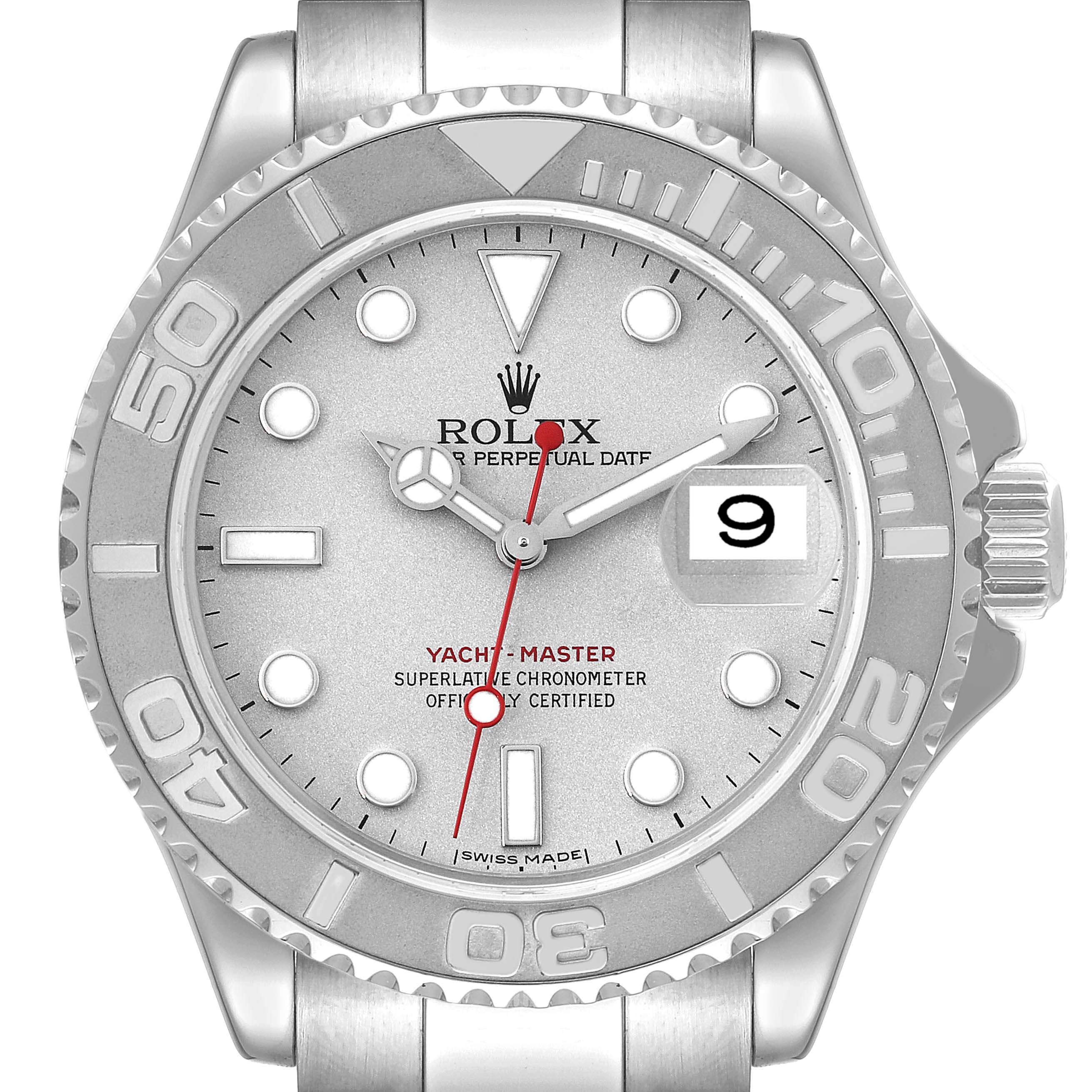 The Rolex Yacht-Master 16622 Men's Stainless Steel Silver Dial 16622 Men's Stainless Steel Silver Dial watch is shown from a front angle, displaying the dial, bezel, and part of the bracelet.