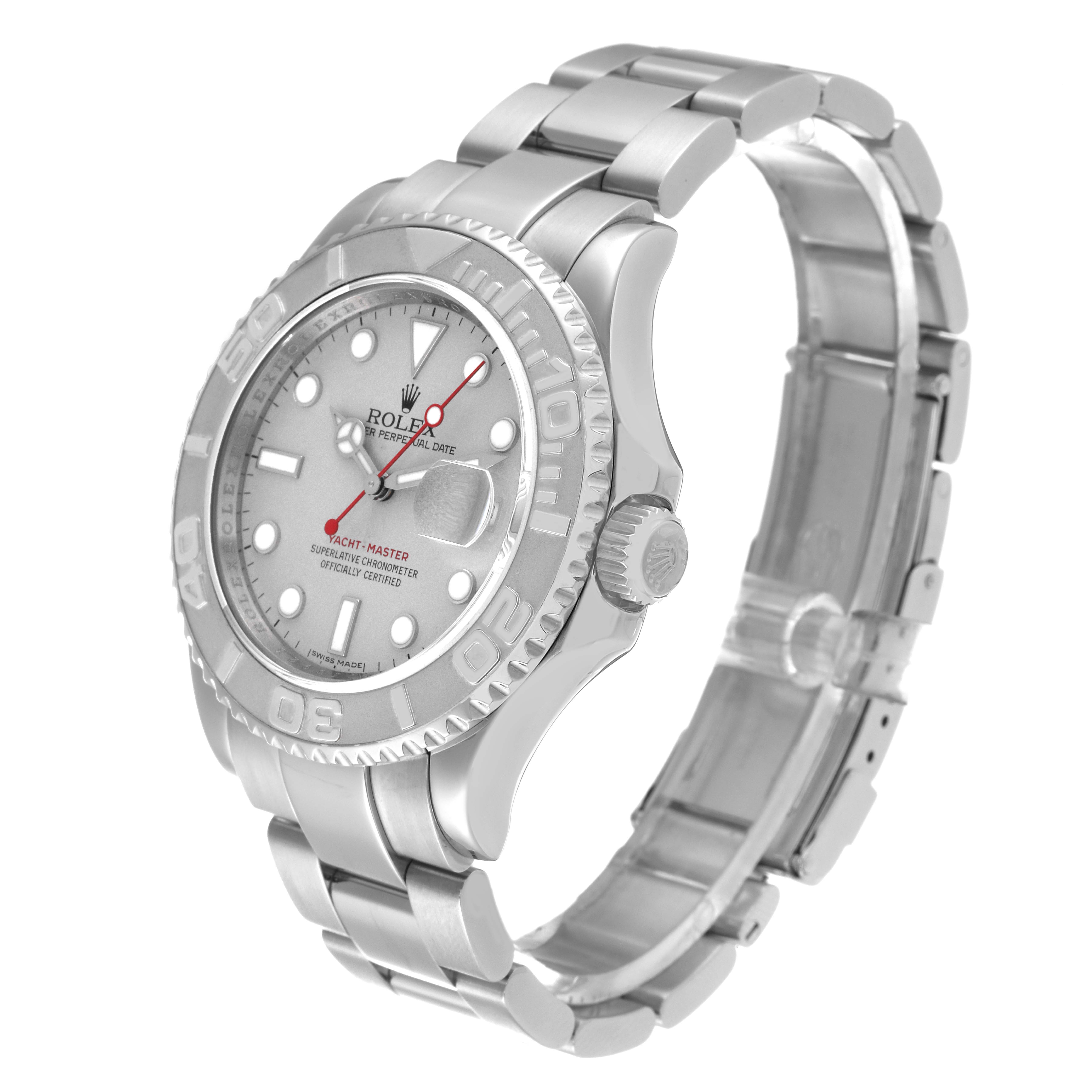 The Rolex Yacht-Master 16622 Men's Stainless Steel Silver Dial 16622 Men's Stainless Steel Silver Dial watch is shown at a three-quarter angle, displaying the dial, bezel, crown, and bracelet.