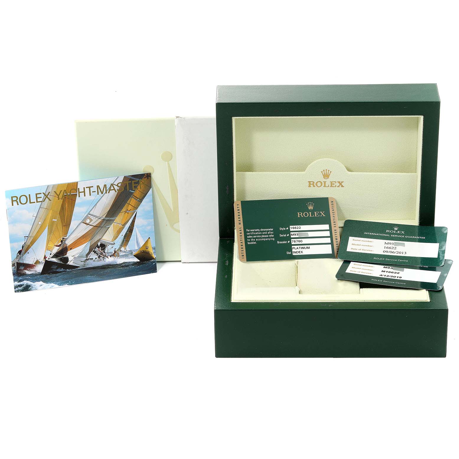 This image shows the Rolex Yacht-Master 16622 Men's Stainless Steel Silver Dial 16622 Men's Stainless Steel Silver Dial model's packaging and accessories, including the box, warranty cards, and booklet.