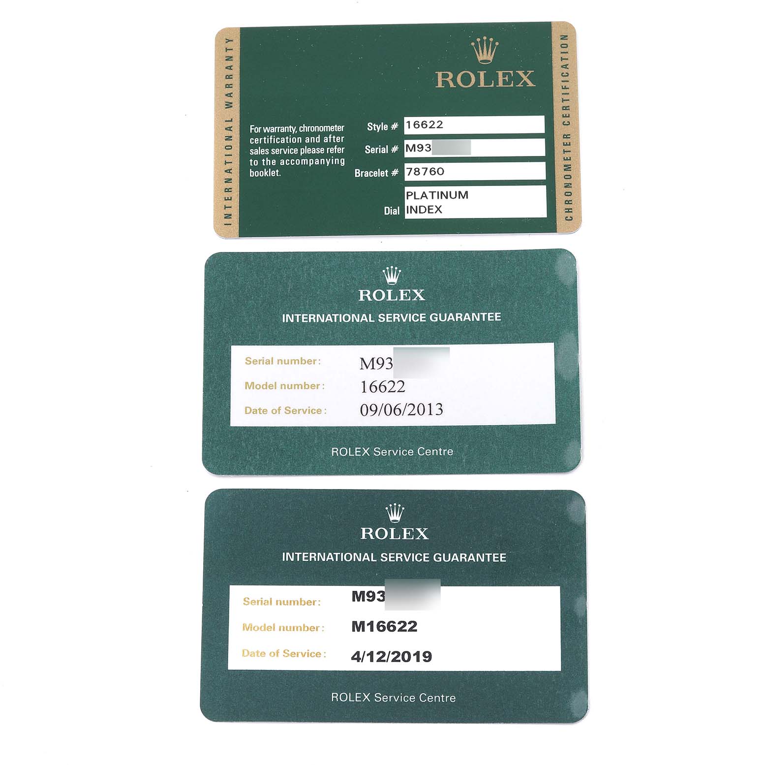 This image shows warranty and service guarantee cards for a Rolex Yacht-Master 16622 Men's Stainless Steel Silver Dial 16622 Men's Stainless Steel Silver Dial model 16622.