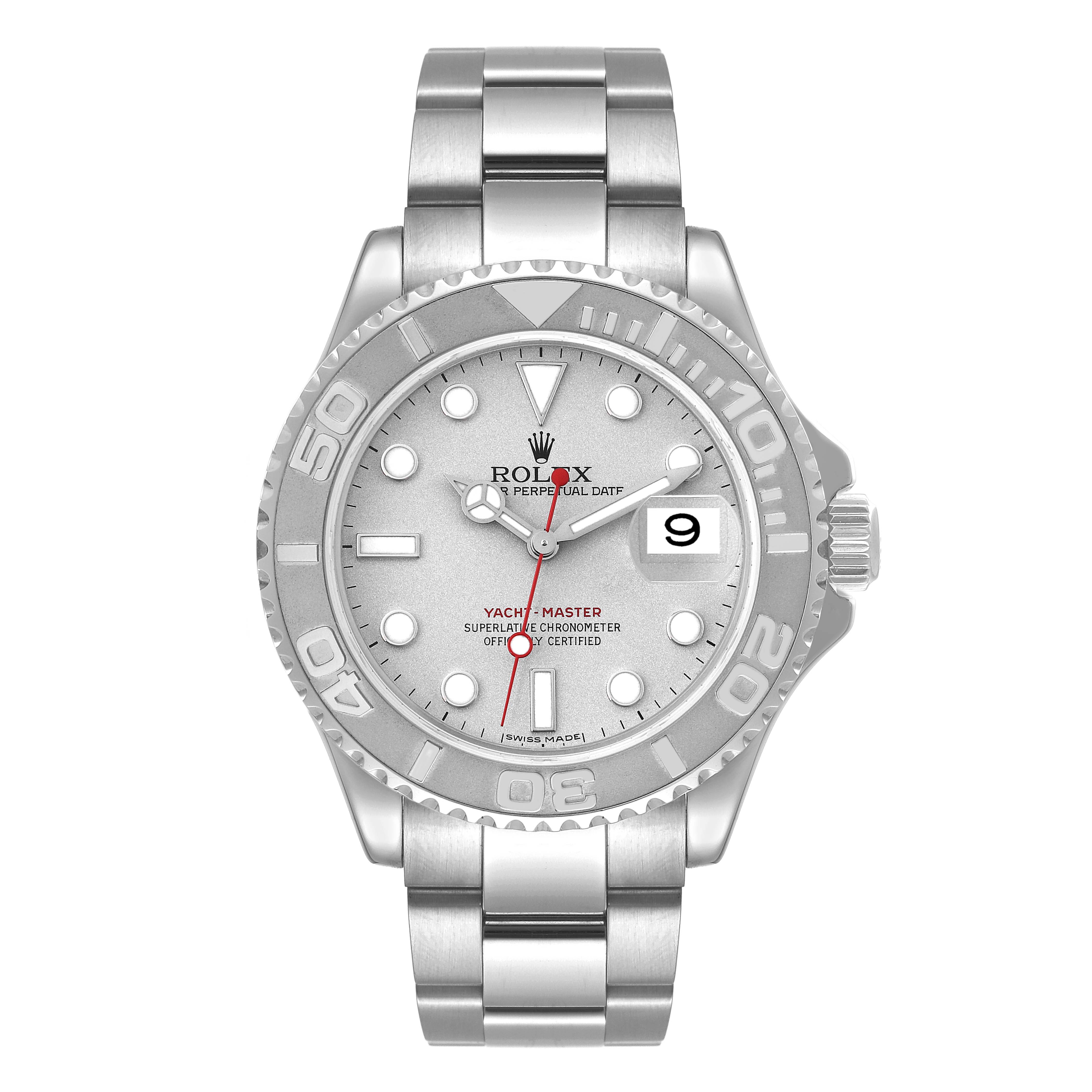 The image shows a front view of the Rolex Yacht-Master 16622 Men's Stainless Steel Silver Dial 16622 Men's Stainless Steel Silver Dial watch, highlighting its dial, bezel, and bracelet.