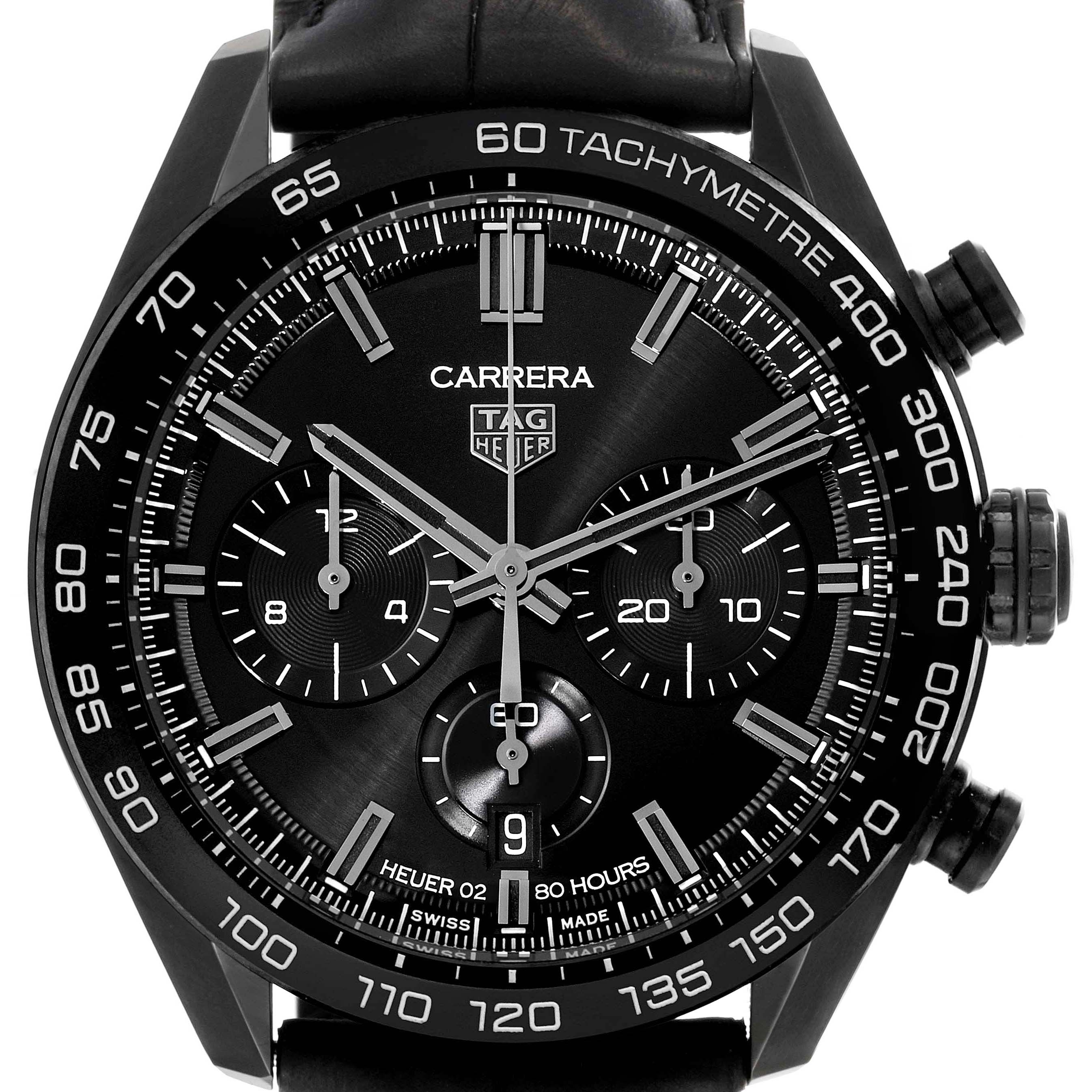 The image shows a close-up front view of a Tag Heuer Carrera CBN2A1G.FC6501 Men
s Stainless Steel Black Dial CBN2A1G.FC6501 Men
s Stainless Steel Black Dial watch, displaying the dial and tachymeter bezel.