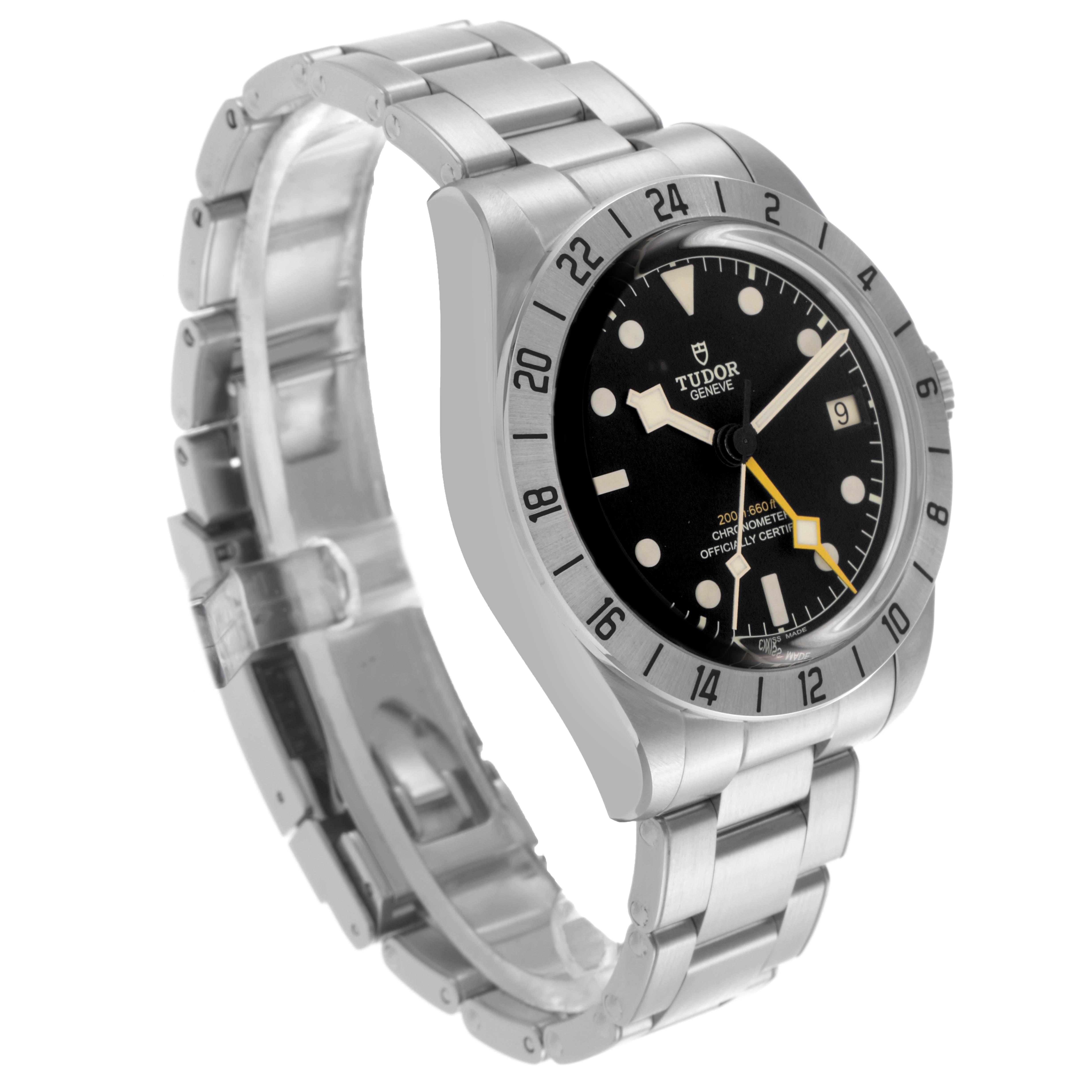 The Tudor Heritage Black Bay 79470 Men's Stainless Steel Black Dial 79470 Men's Stainless Steel Black Dial watch is shown at a slight angle, displaying the face, bezel, and part of the bracelet.