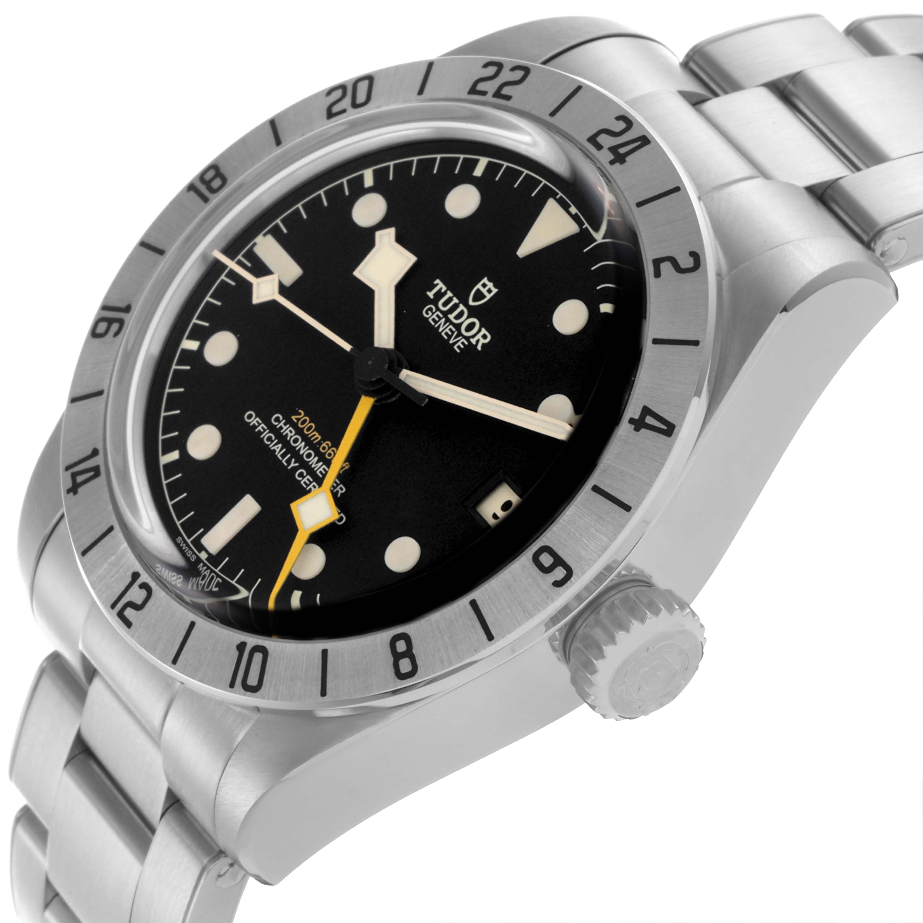 The Tudor Heritage Black Bay 79470 Men's Stainless Steel Black Dial 79470 Men's Stainless Steel Black Dial watch is shown at a three-quarter angle, highlighting the bezel, dial, and bracelet.
