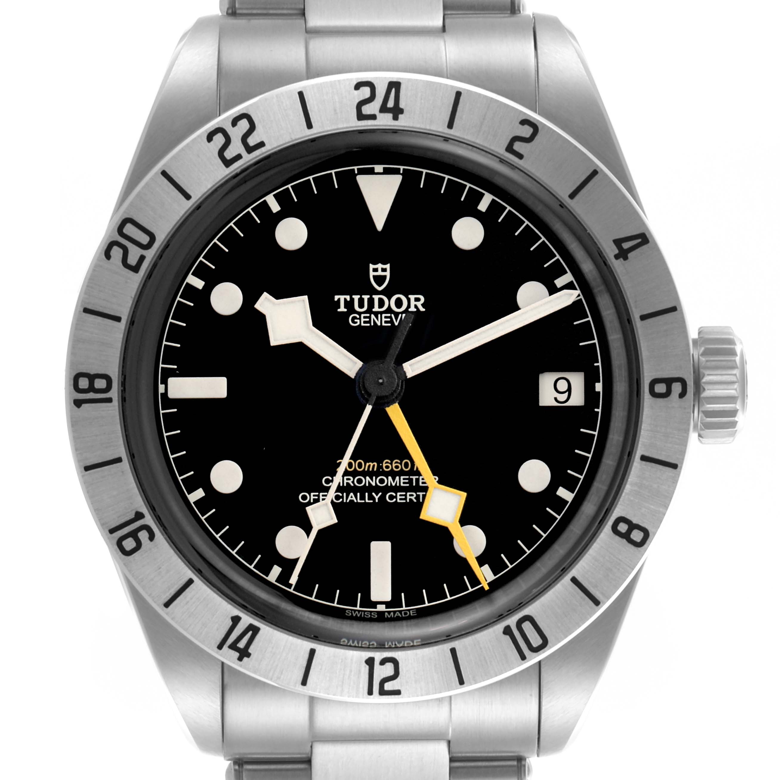 The image shows a front view of the Tudor Heritage Black Bay 79470 Men's Stainless Steel Black Dial 79470 Men's Stainless Steel Black Dial watch, highlighting the dial, bezel, and bracelet.