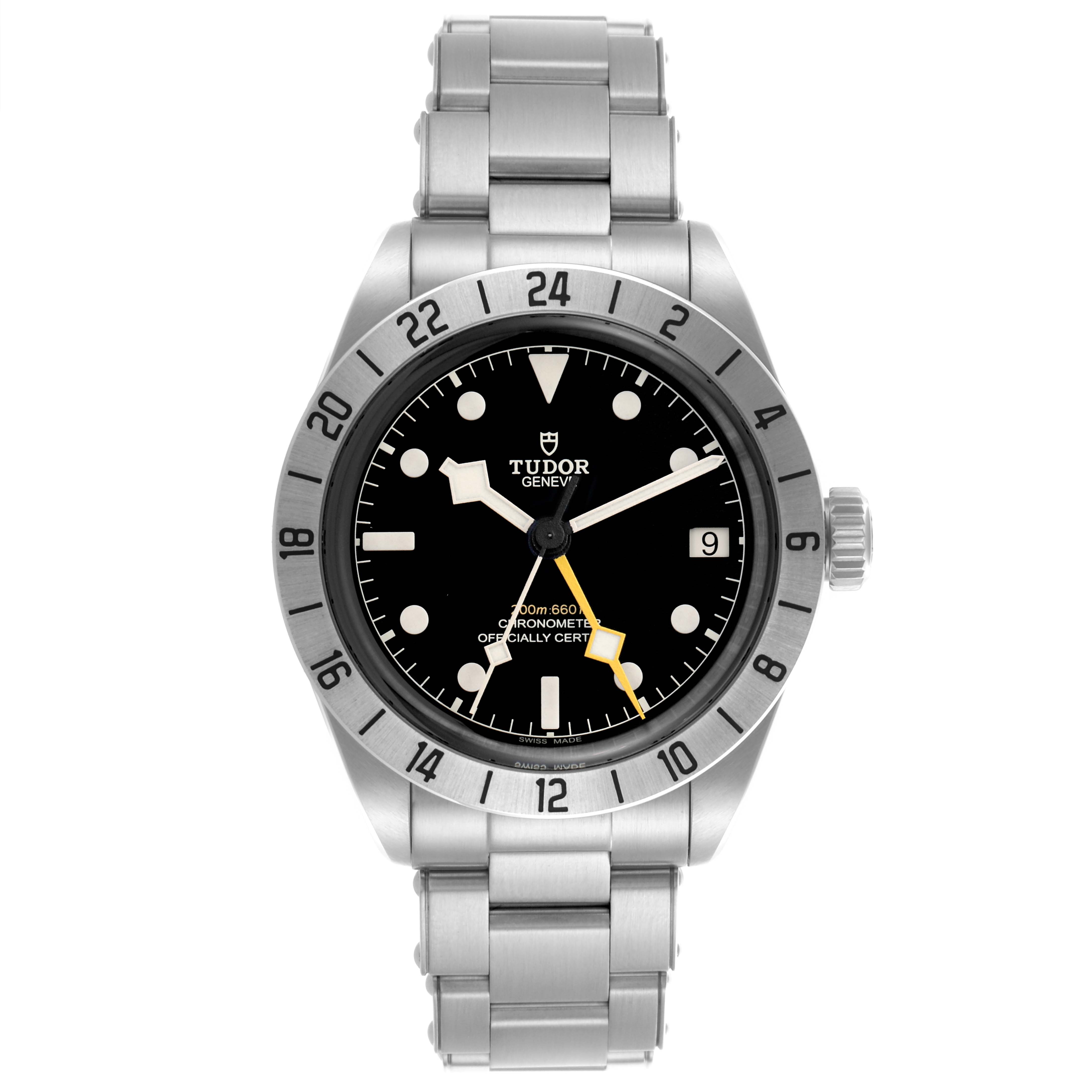 The Tudor Heritage Black Bay 79470 Men's Stainless Steel Black Dial 79470 Men's Stainless Steel Black Dial watch is shown from the front, displaying the dial, bezel, and bracelet.