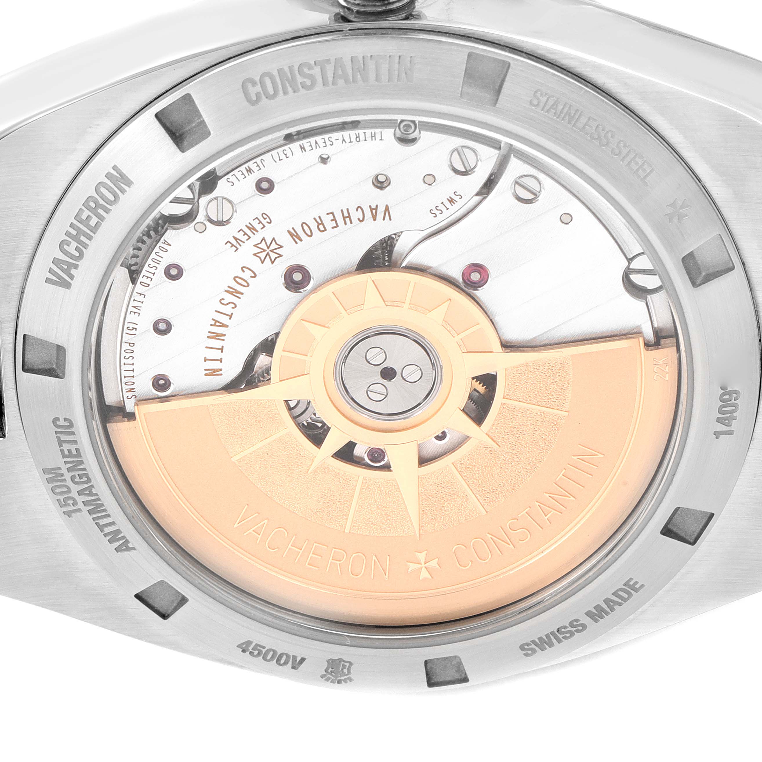 The image shows the back of a Vacheron Constantin Overseas 4500V/110A-B126 Men's Stainless Steel Silver Dial 4500V/110A-B126 Men's Stainless Steel Silver Dial watch, highlighting the rotor and internal movements.