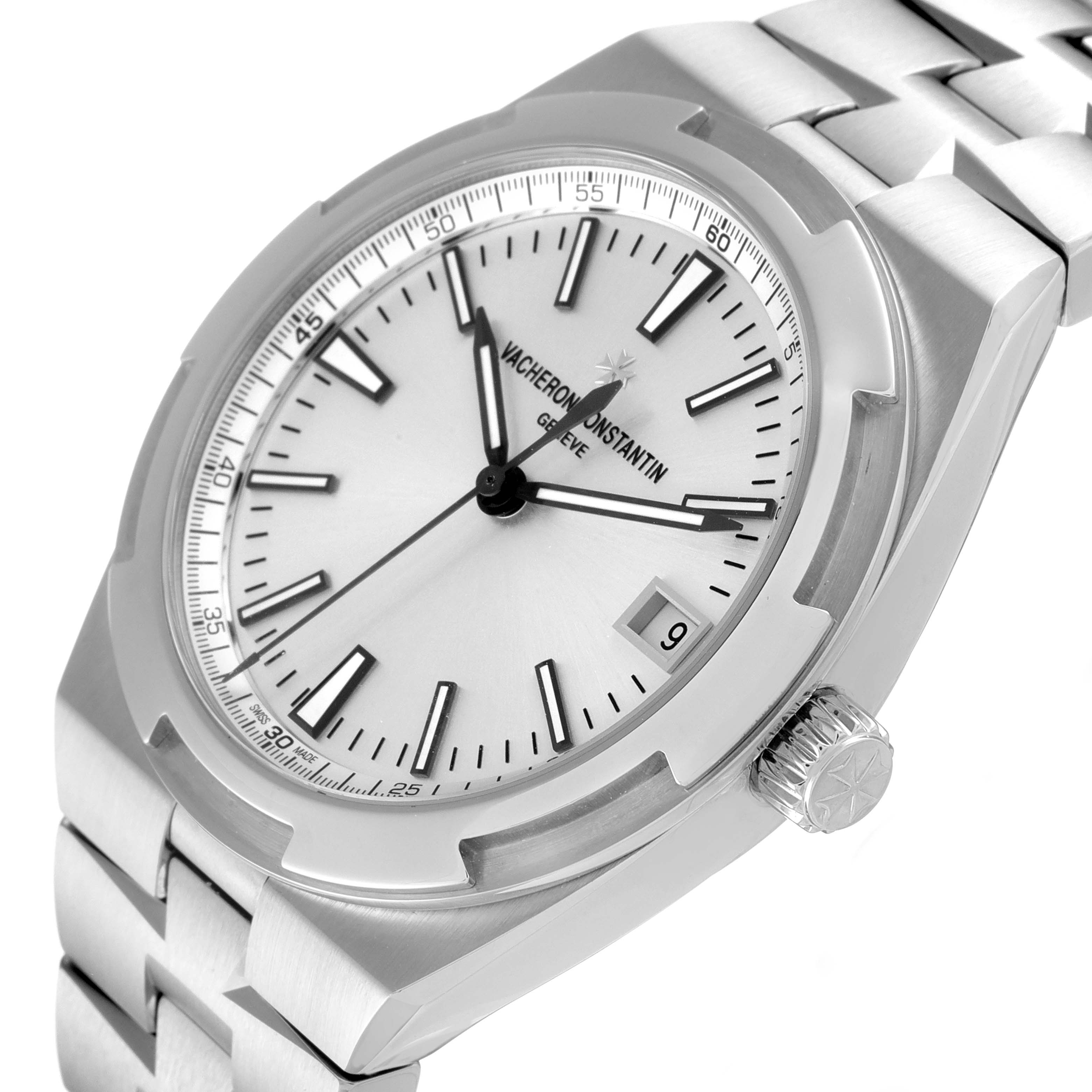 The Vacheron Constantin Overseas 4500V/110A-B126 Men's Stainless Steel Silver Dial 4500V/110A-B126 Men's Stainless Steel Silver Dial watch is shown at an angled view, highlighting the dial, crown, and part of the bracelet.