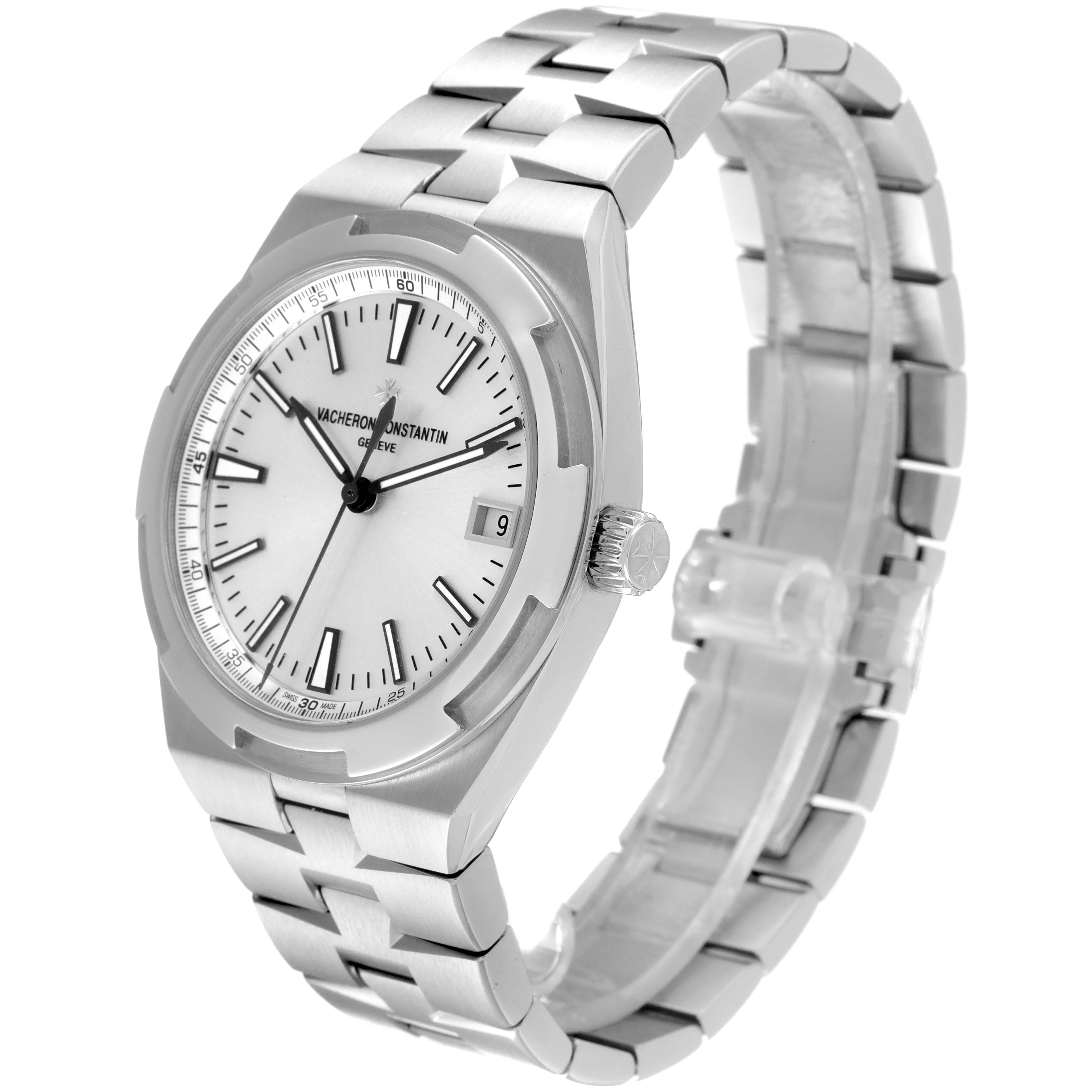 The Vacheron Constantin Overseas 4500V/110A-B126 Men's Stainless Steel Silver Dial 4500V/110A-B126 Men's Stainless Steel Silver Dial watch is shown at a three-quarter angle, displaying the dial, case, crown, and bracelet.