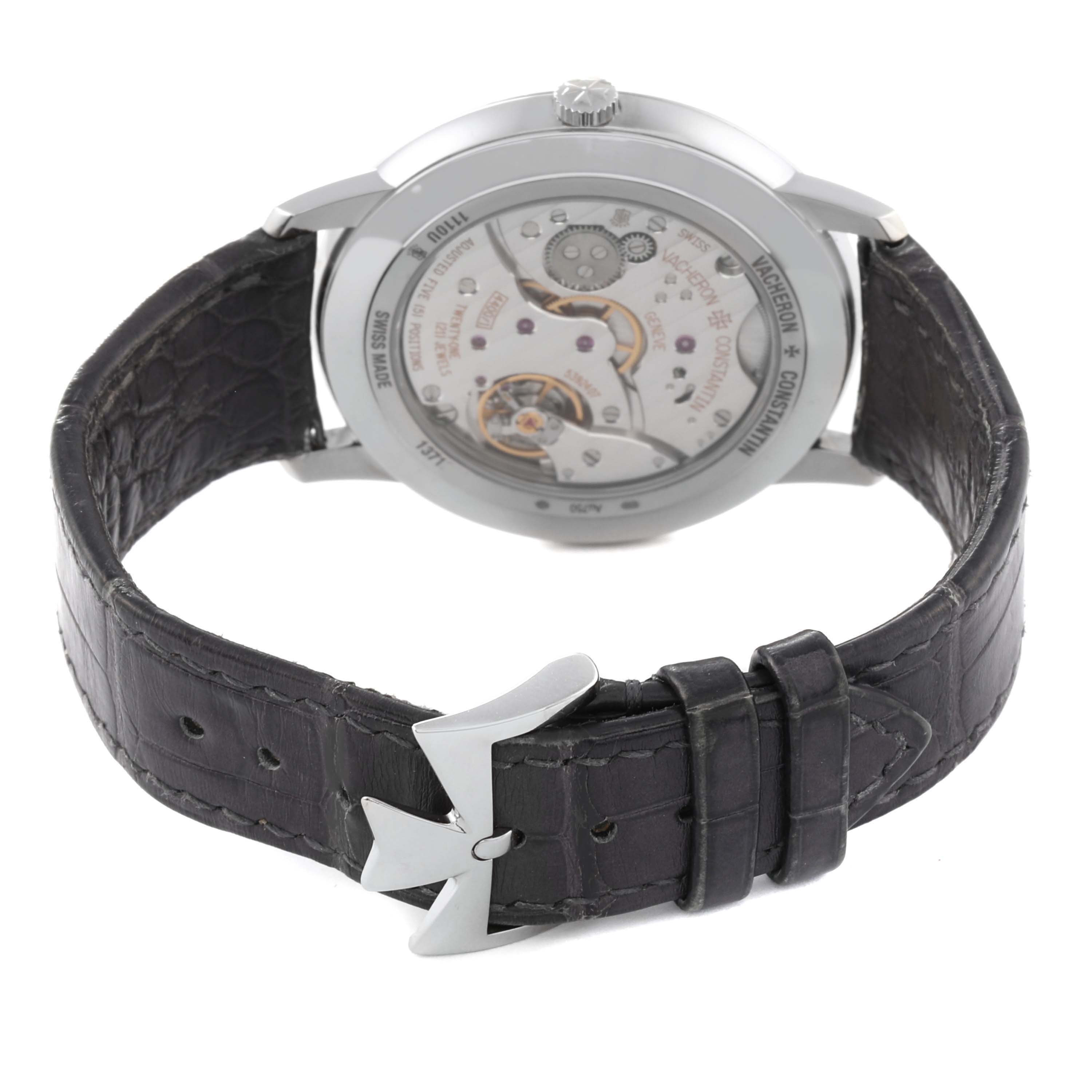 The image shows the back angle of the Vacheron Constantin Patrimony 1110U/000G-B086 Men's White Gold Silver Dial 1110U/000G-B086 Men's White Gold Silver Dial watch, highlighting the watch's movement and leather strap.