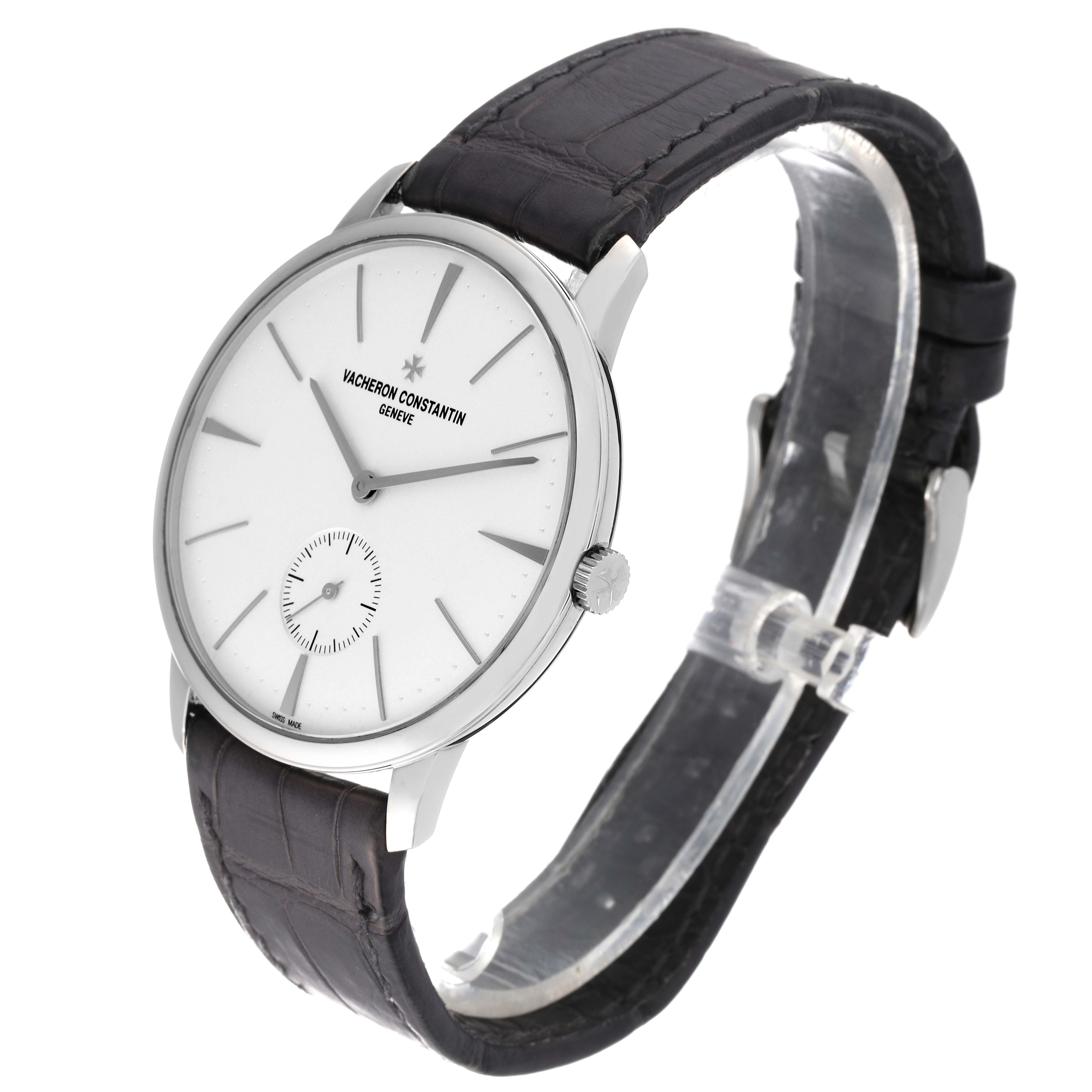 The Vacheron Constantin Patrimony 1110U/000G-B086 Men's White Gold Silver Dial 1110U/000G-B086 Men's White Gold Silver Dial watch is shown at a three-quarter angle, highlighting its face, dial, crown, and leather strap.