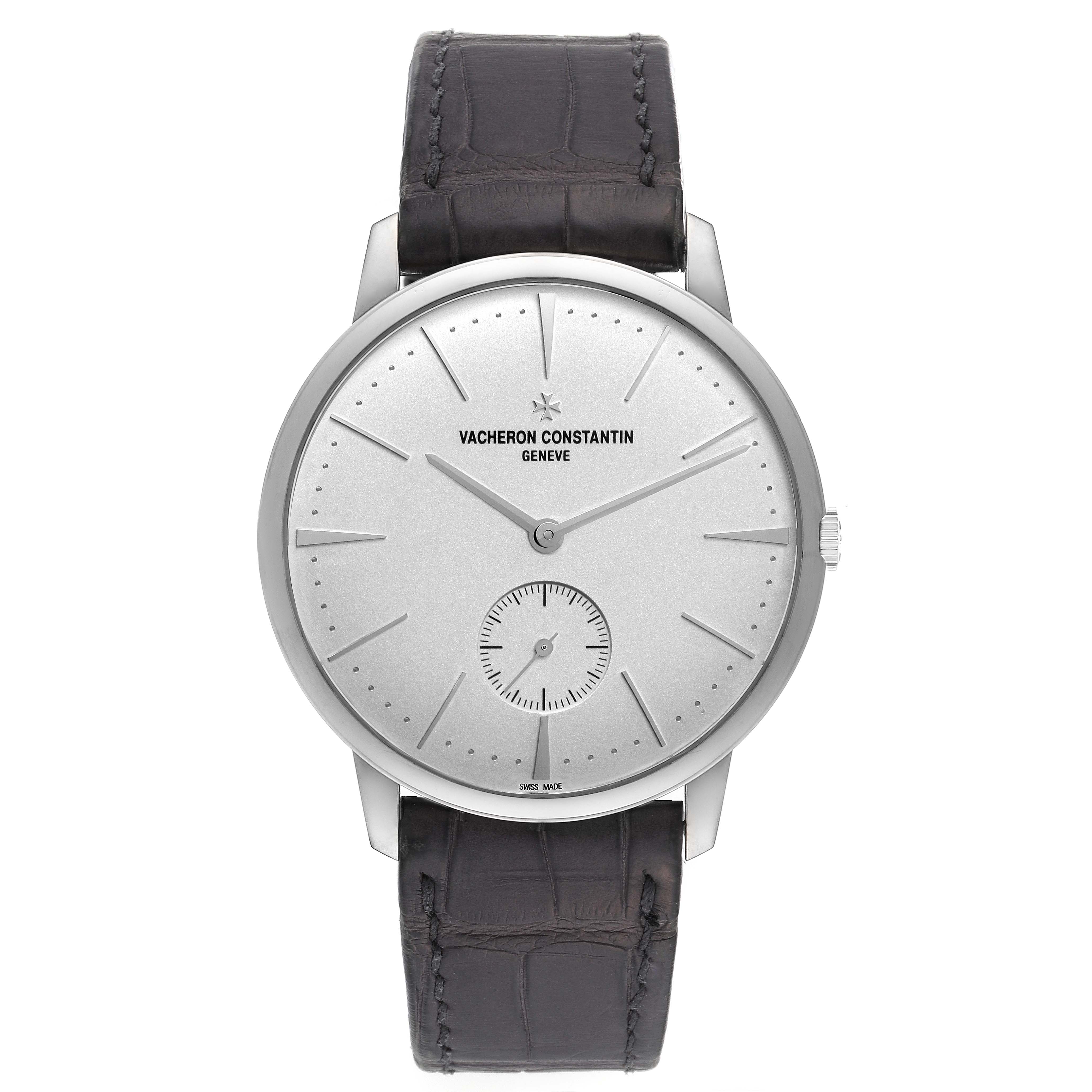 The image shows a front view of the Vacheron Constantin Patrimony 1110U/000G-B086 Men's White Gold Silver Dial 1110U/000G-B086 Men's White Gold Silver Dial watch, highlighting its dial, hands, and strap.