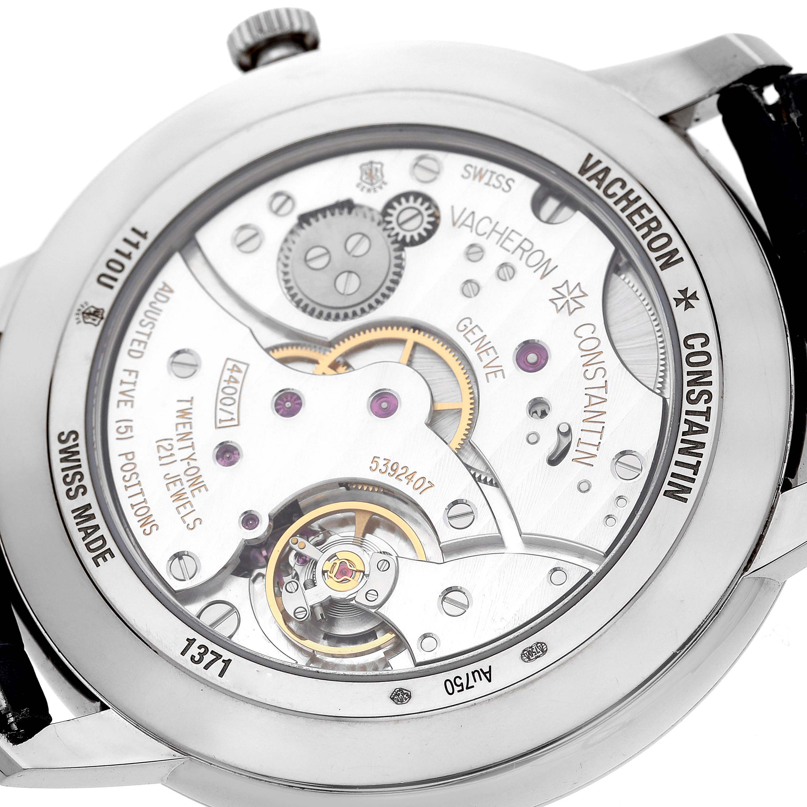 The image shows the back view of the Vacheron Constantin Patrimony 1110U/000G-B086 Men's White Gold Silver Dial 1110U/000G-B086 Men's White Gold Silver Dial watch, revealing its movement and intricate mechanics.